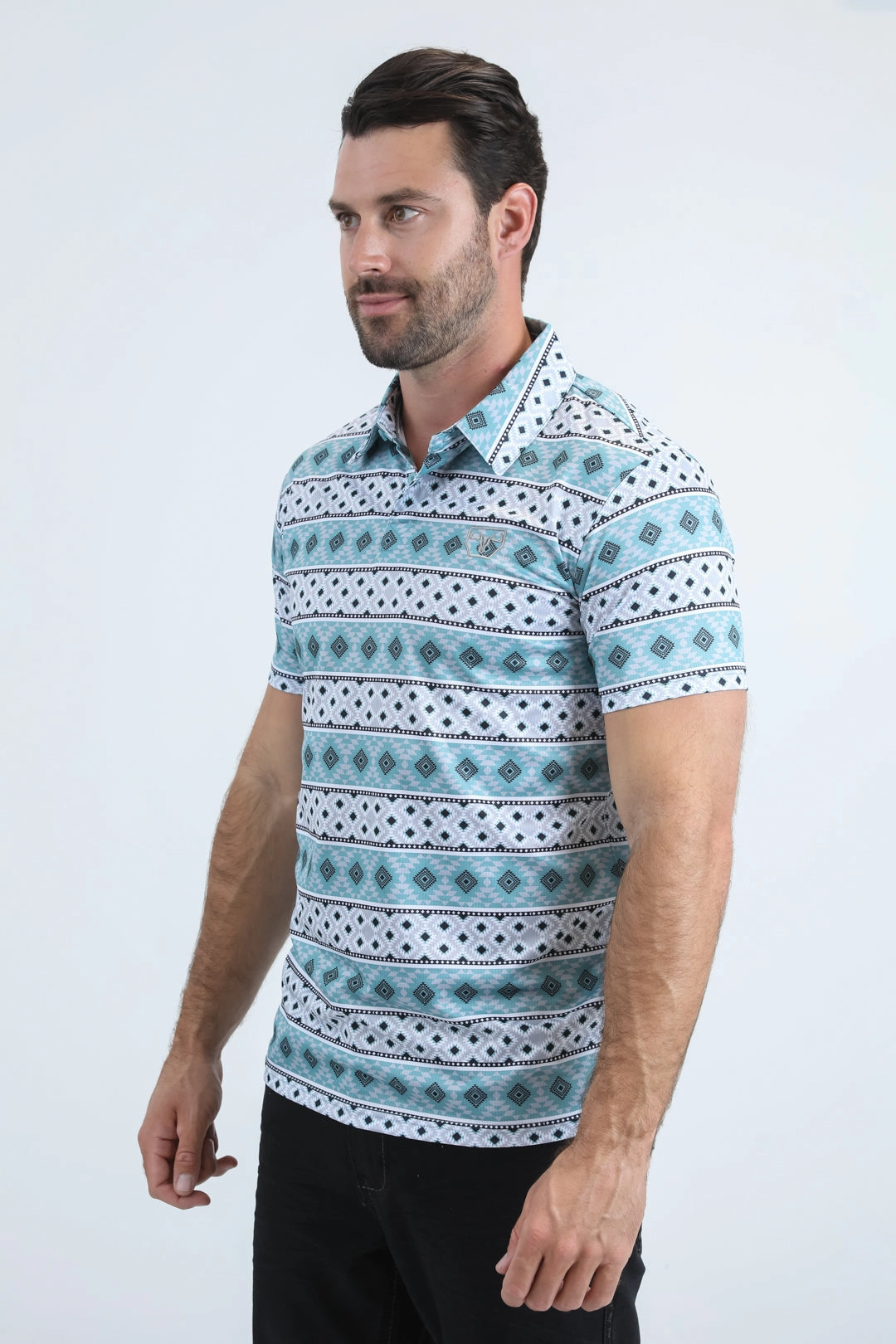 Stretch Fabric Construction Mens Performance Fabric Modern Fit Stretch Aztec Print Blue Polo