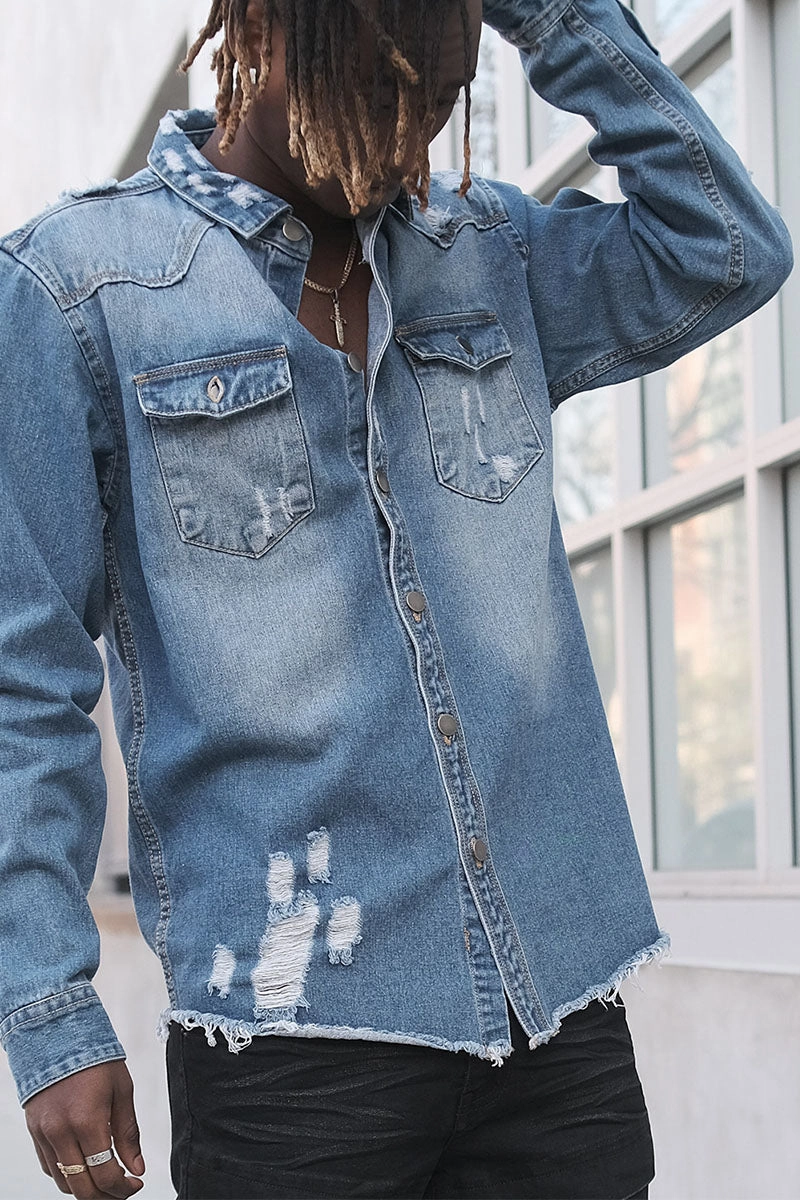 Autumn Look Ripped Denim Overshirt