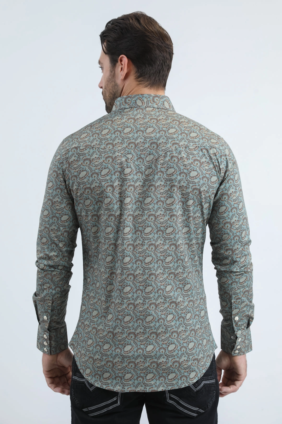 Mens Western Modern Fit Cotton/Spandex Long Sleeve Blue Shirt with Snaps Easy Comfort