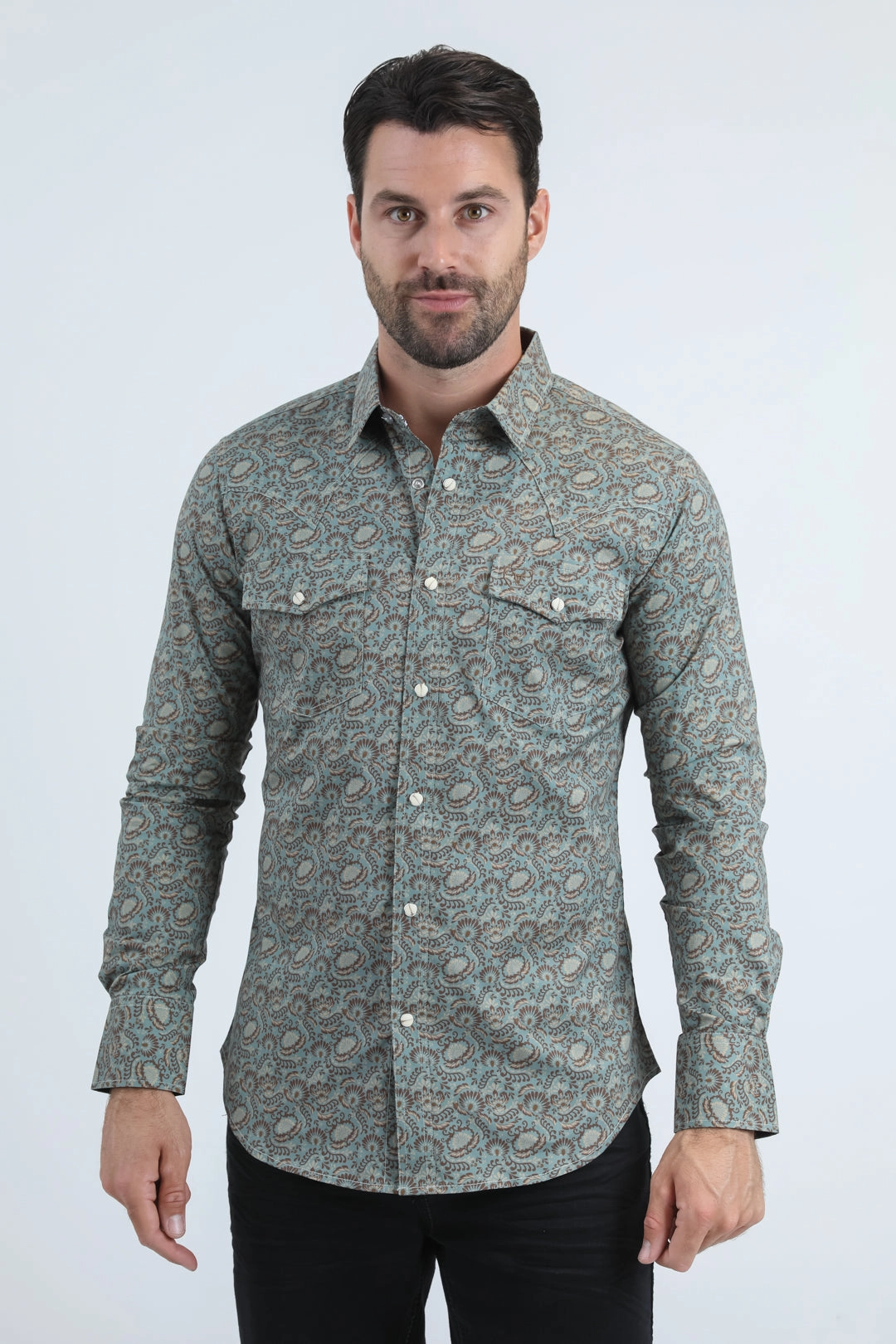 Trendsetting Design Mens Western Modern Fit Cotton/Spandex Long Sleeve Blue Shirt with Snaps