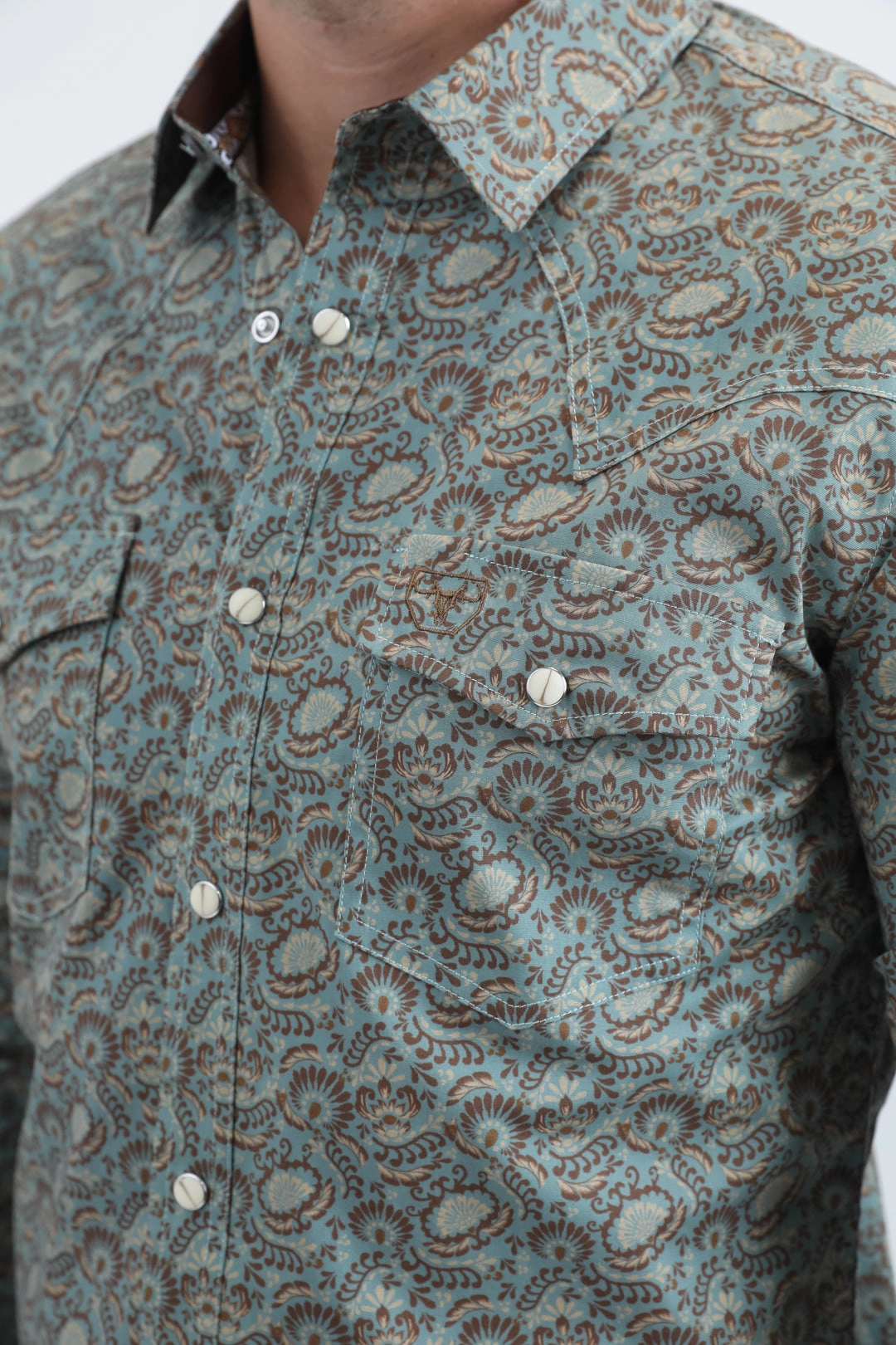 Mens Western Modern Fit Cotton/Spandex Long Sleeve Blue Shirt with Snaps Geometric Design