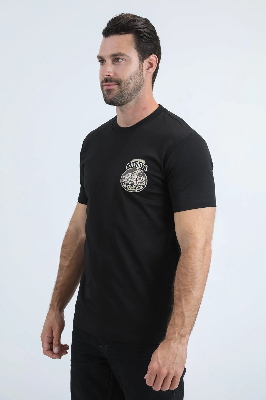 Mens Modern Fit Cotton Stretch Black T-Shirt Minimal Design Foam Print Detail
