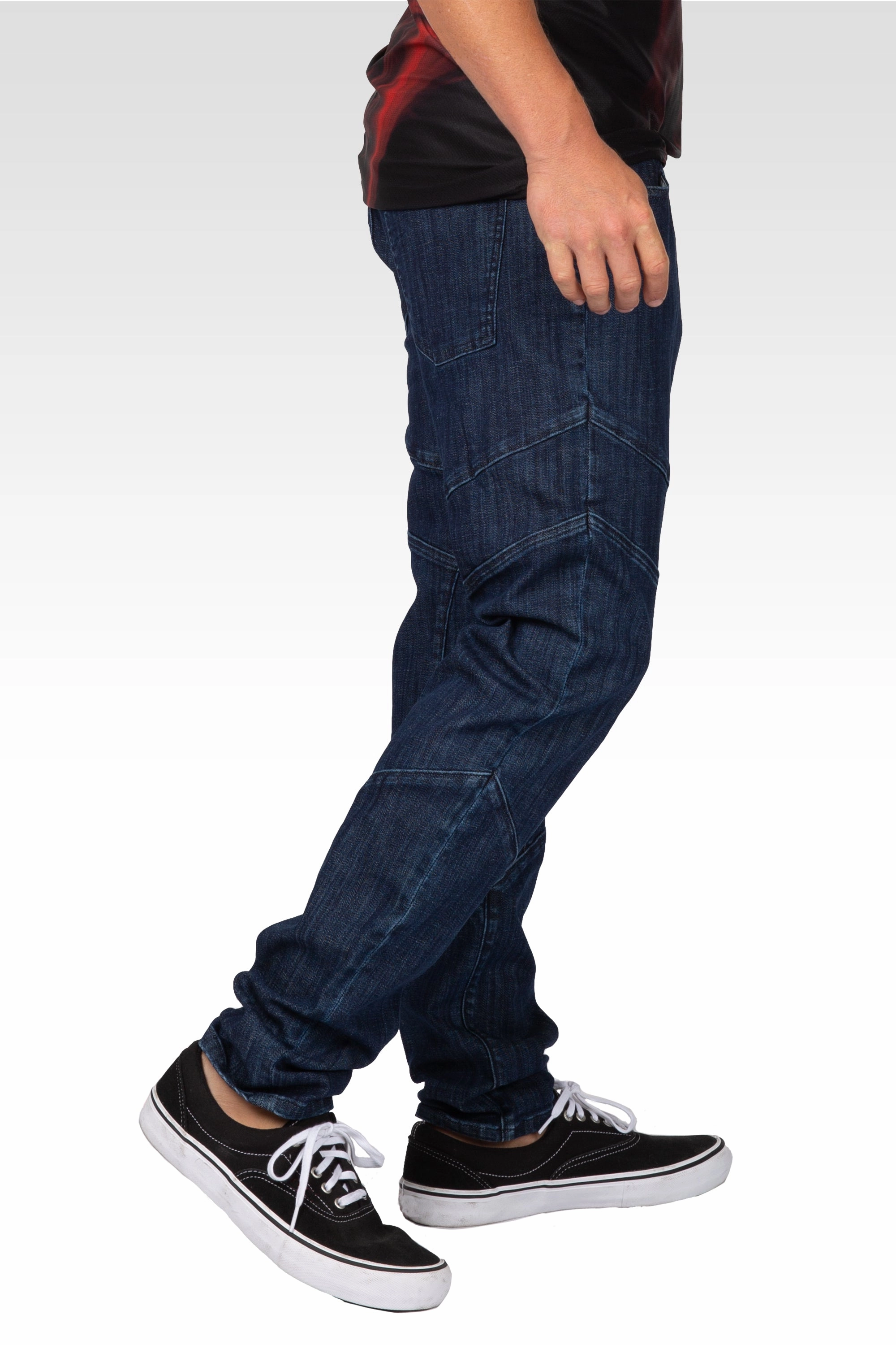 Layered Look FoldableDesign Level 7 Men's Curve Leg Slim Taper Moto Jeans Blue Rinse Cut & Sewed Detail