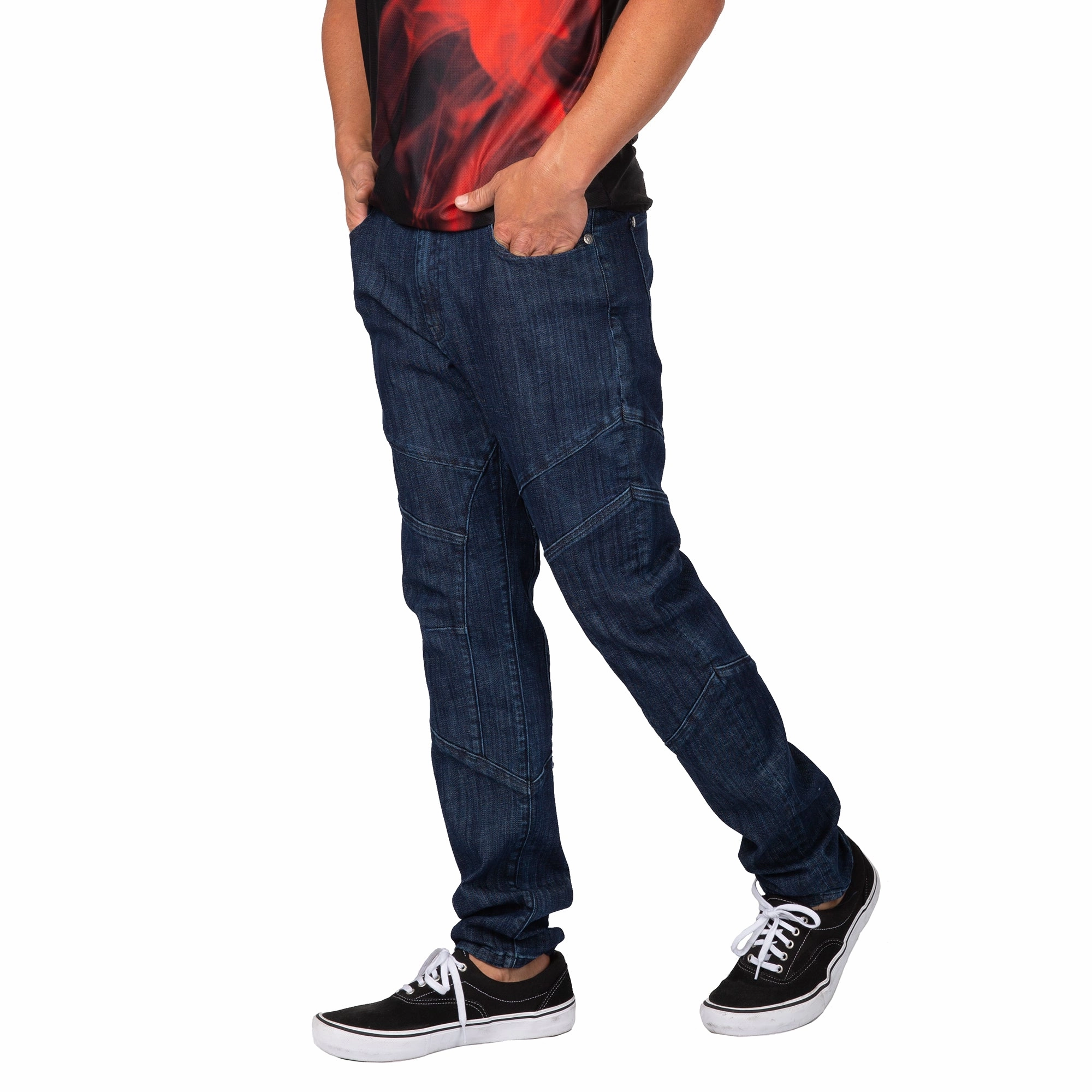 Level 7 Men's Curve Leg Slim Taper Moto Jeans Blue Rinse Cut & Sewed Detail CompactPackableDesign Poise Fit