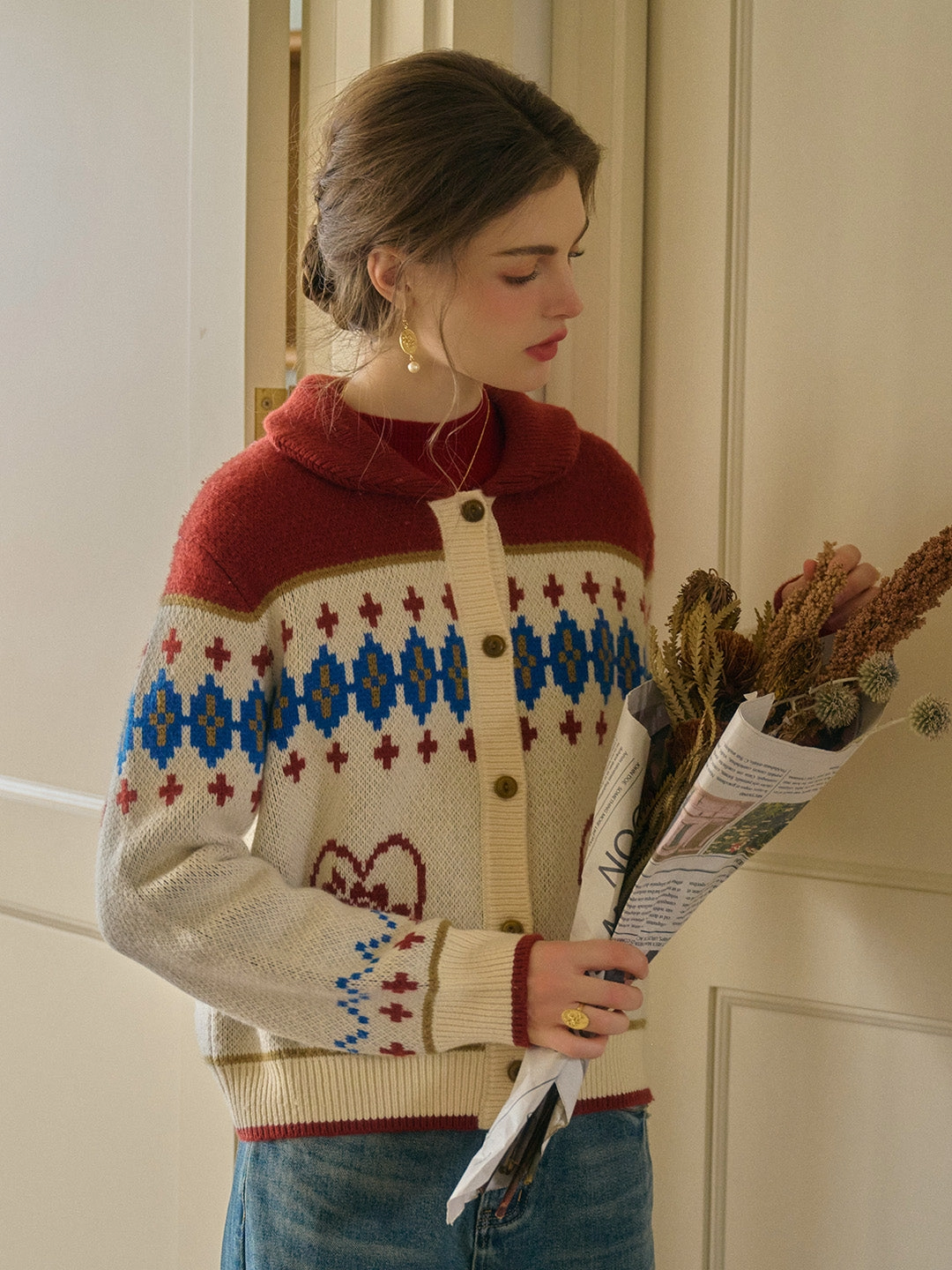 Match Fit Samira Vintage Lapel SR Exclusive Design Rose Jacquard Fair Isle Cardigan