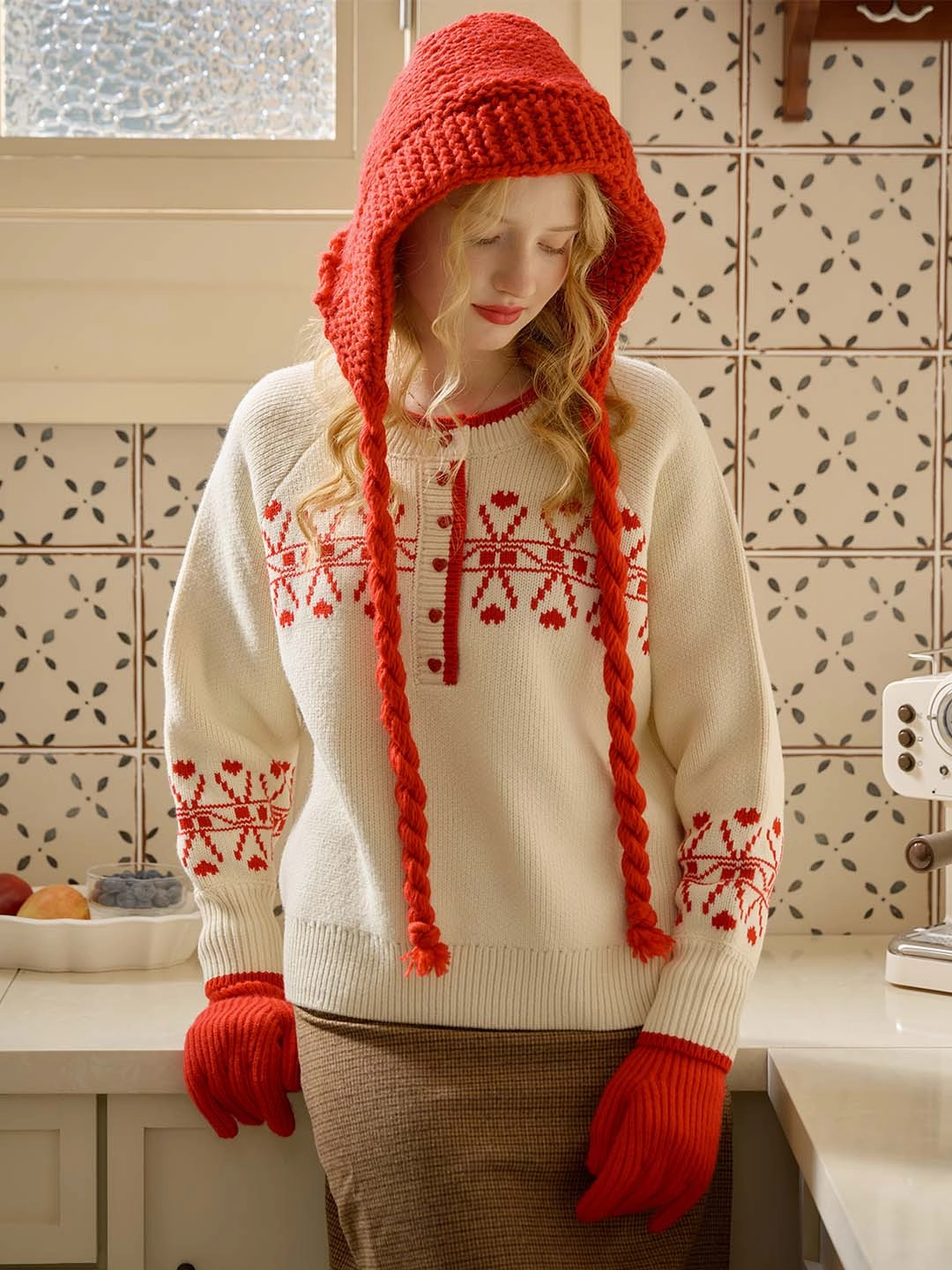 Sarah Contrast Crew Neck Pattern Sweater Mountain Cool