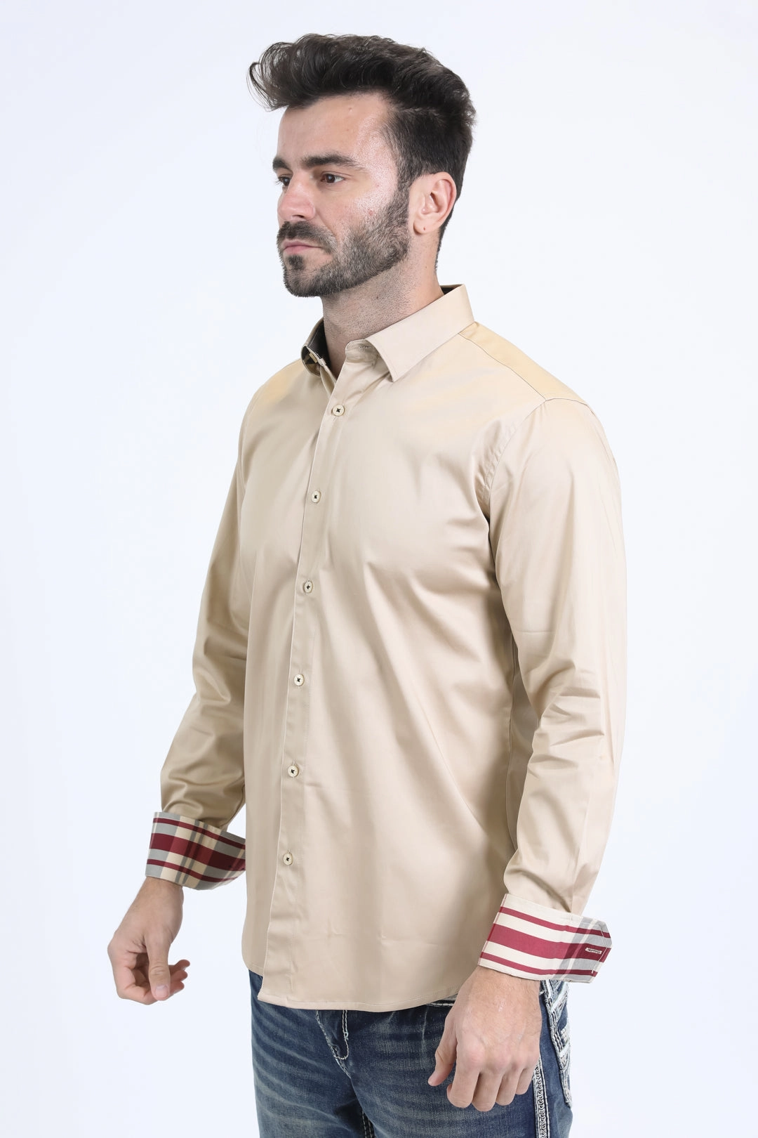 Satin Cotton/Spandex Long Sleeve Beige Shirt Weekend Wear