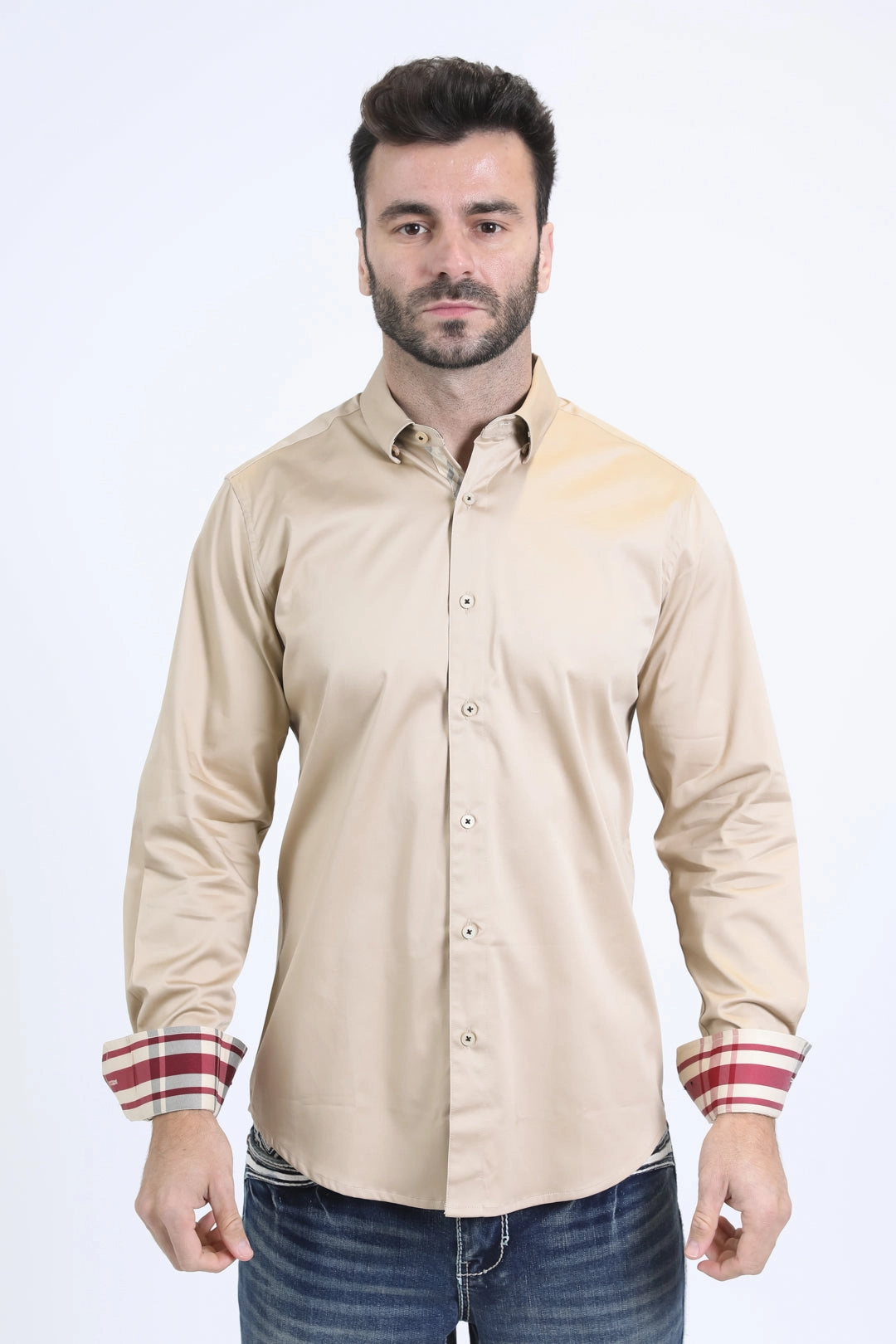 Bold Pattern Anti Pilling Surface Satin Cotton/Spandex Long Sleeve Beige Shirt