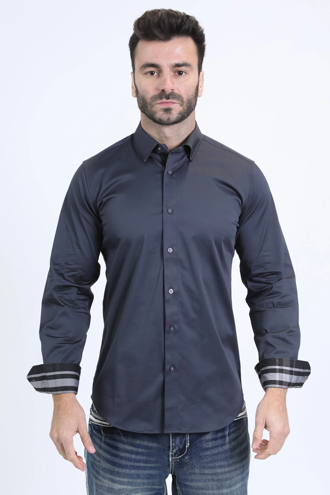 Geometric Pattern Satin Cotton/Spandex Long Sleeve Black/Grey Shirt