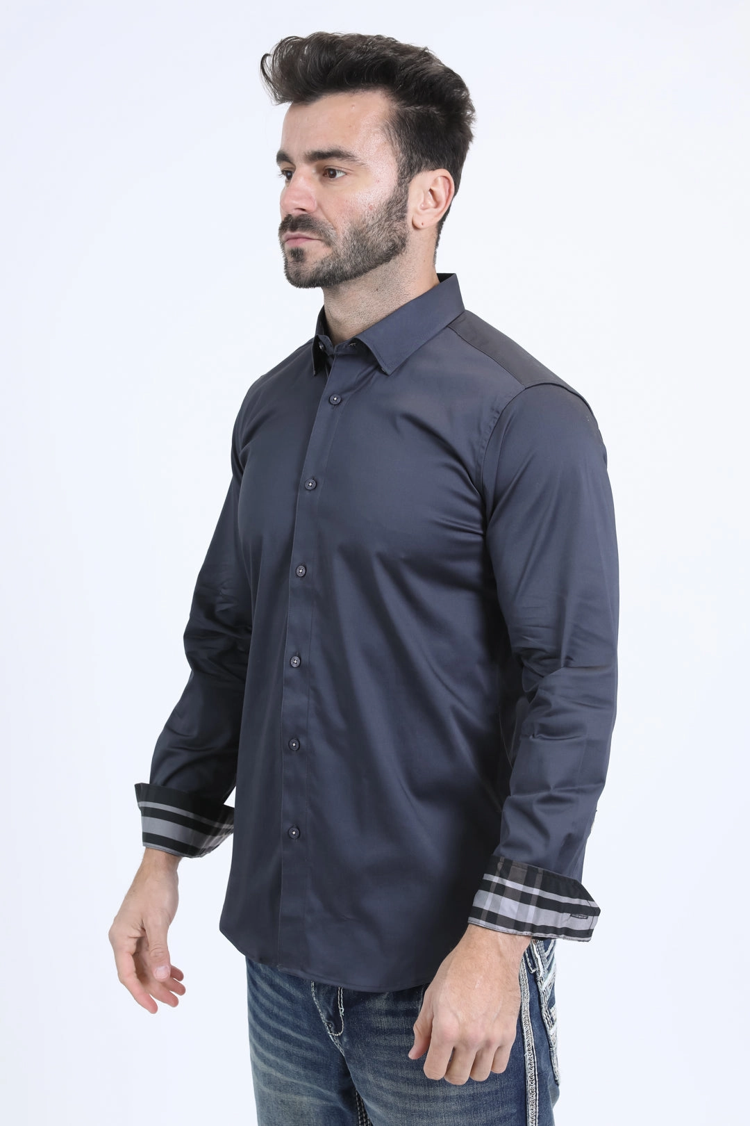 Satin Cotton/Spandex Long Sleeve Black/Grey Shirt Non Irritating Seams