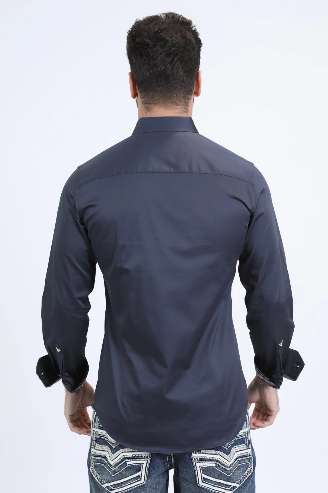 Casual Day Trendsetter Choice Satin Cotton/Spandex Long Sleeve Black/Grey Shirt