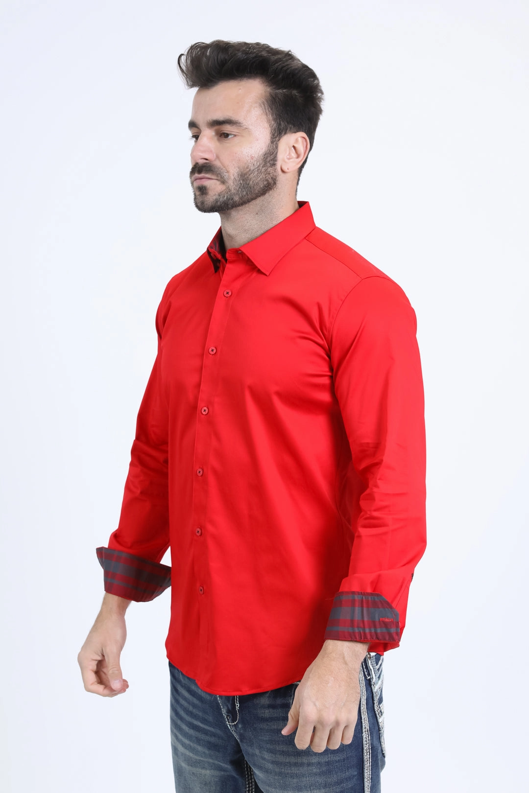 Satin Cotton/Spandex Long Sleeve Red Shirt Retro Vibe