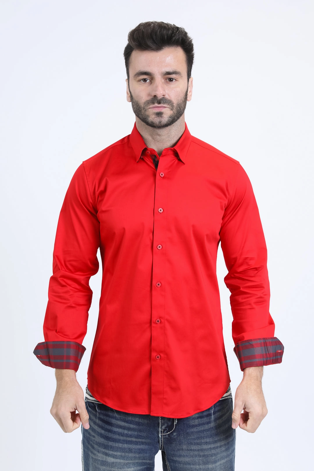 Satin Cotton/Spandex Long Sleeve Red Shirt Fashion Forward