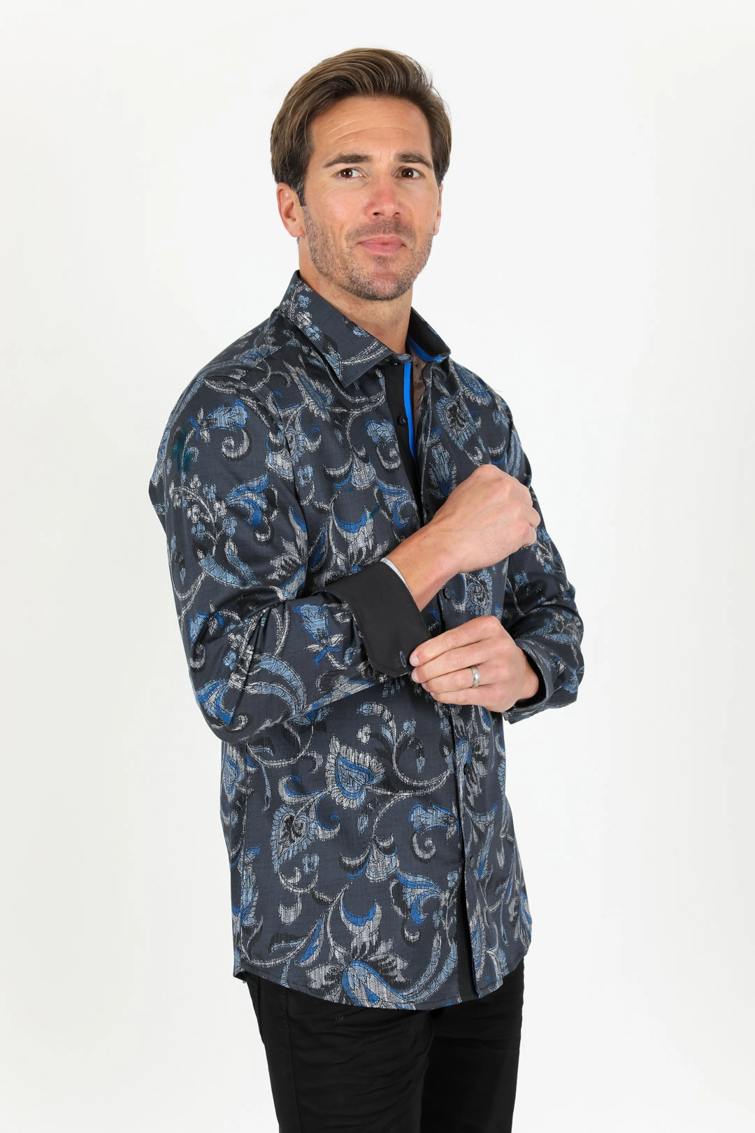 Checkered Look Breathable Lining Satin Cotton/Spandex Long Sleeve Shirt - Black