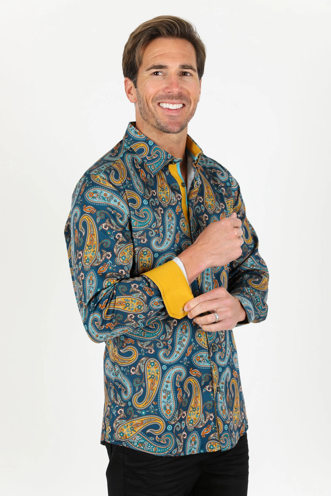 Satin Cotton/Spandex Long Sleeve Shirt - Teal Fashionable Pick Checkered Look