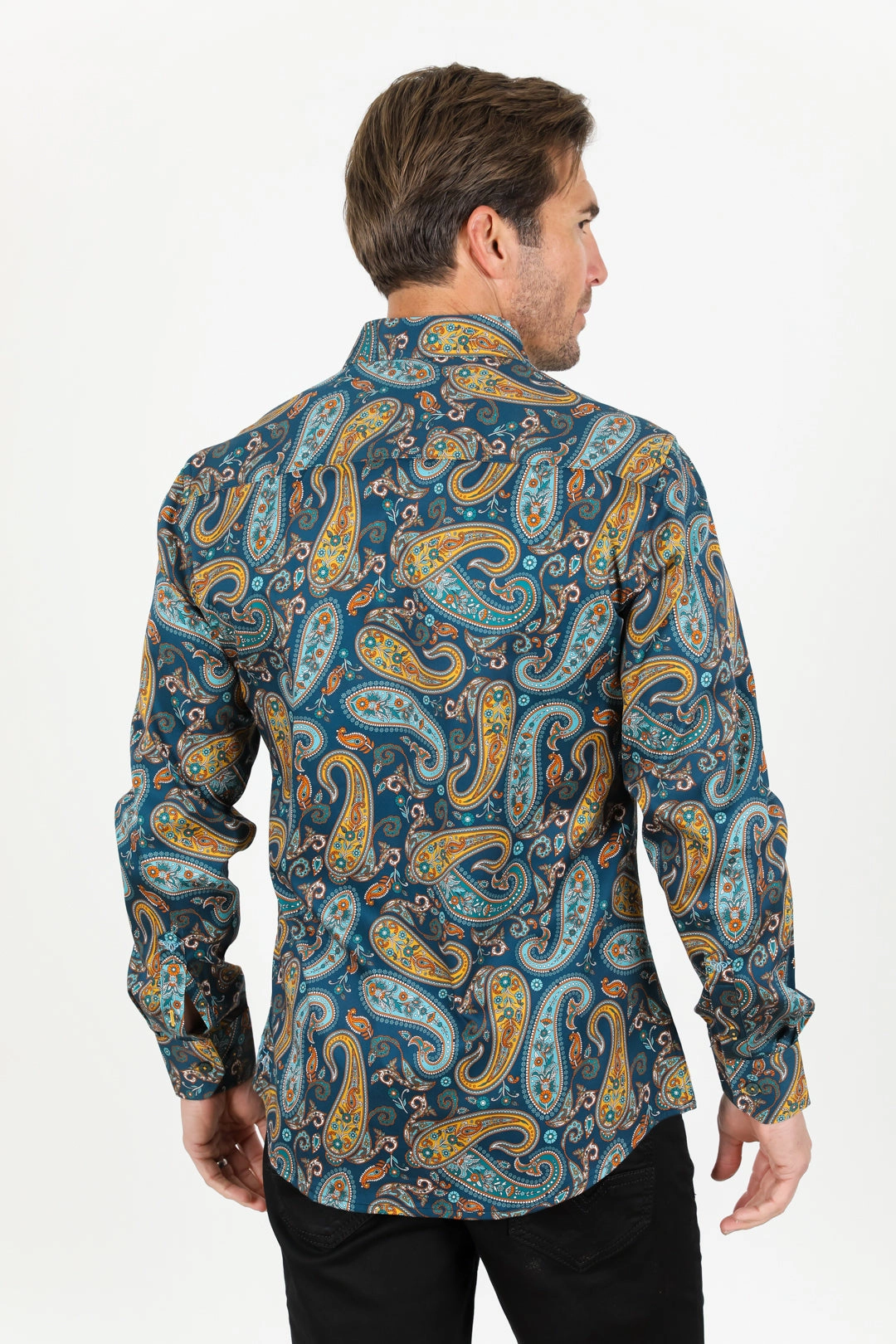 Neutral Tones garden party Satin Cotton/Spandex Long Sleeve Shirt - Teal