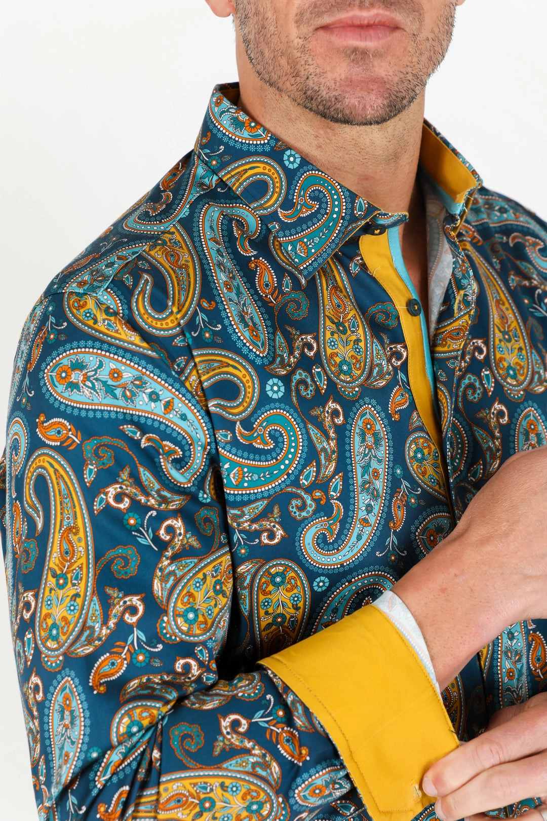 Satin Cotton/Spandex Long Sleeve Shirt - Teal Linen blend