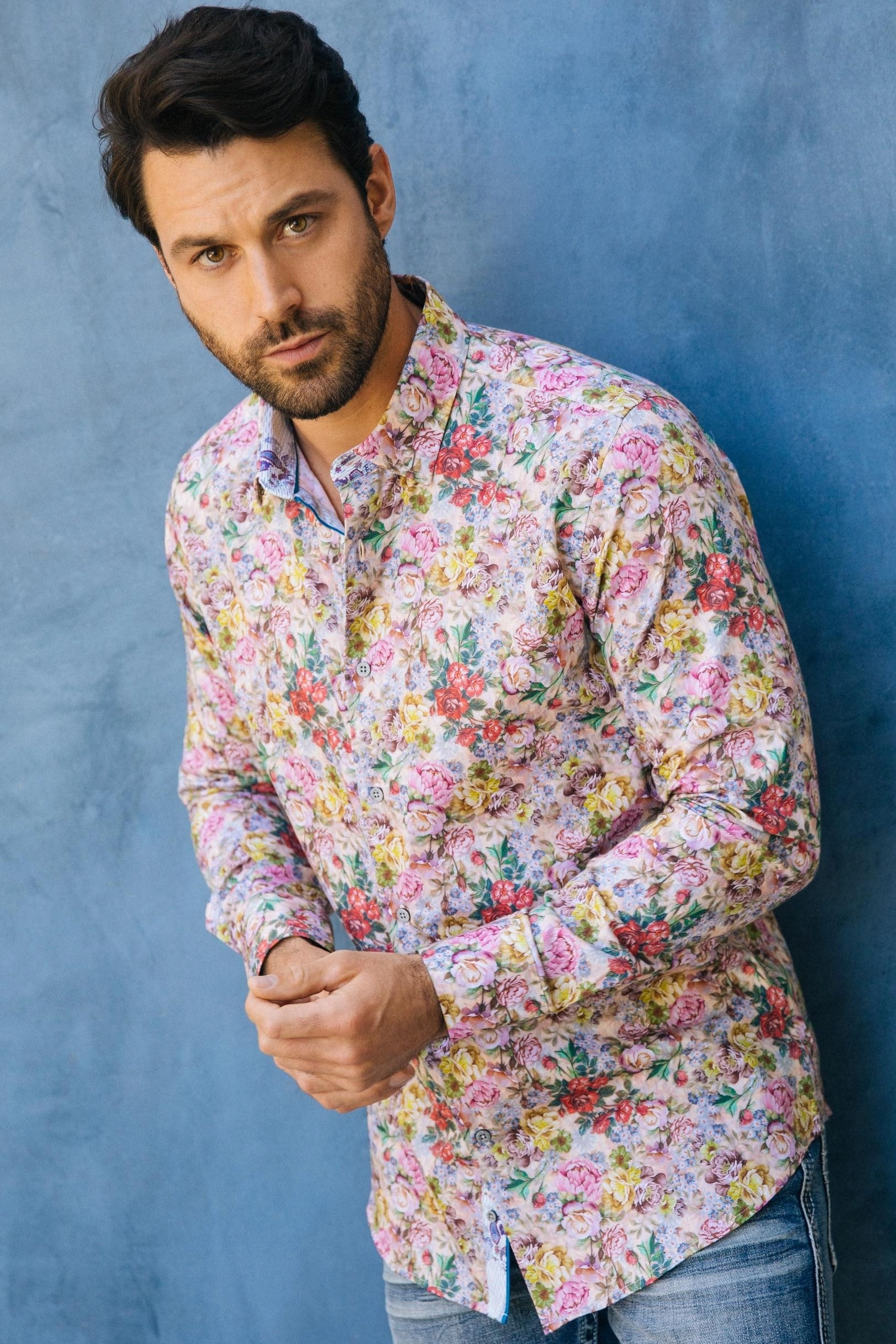 Roomy Cut Geometric Print Satin Cotton/Spandex Long Sleeve Shirt