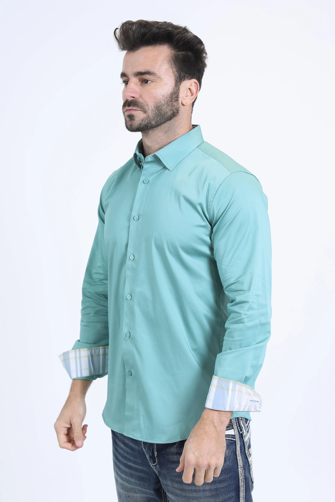 Satin Cotton/Spandex Long Sleeve Teal Shirt Relaxed Wear All-Season Wear