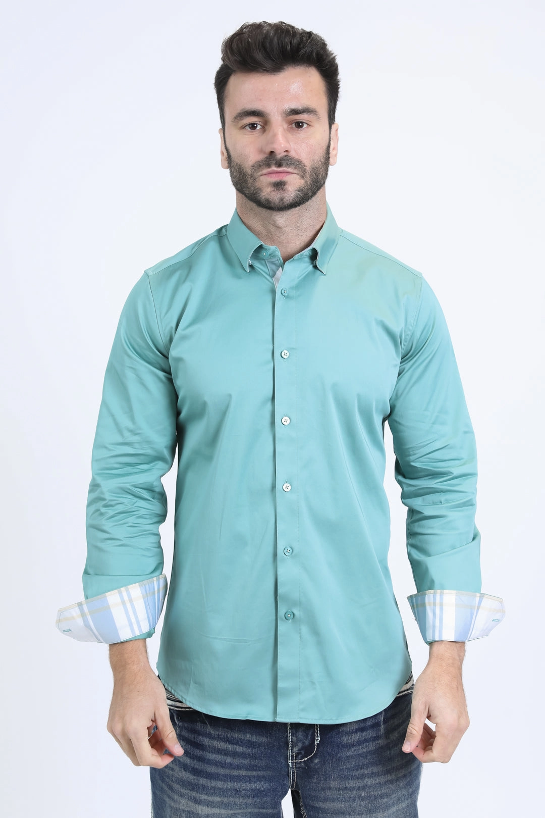 Satin Cotton/Spandex Long Sleeve Teal Shirt Geometric Pattern Non Irritating Tags