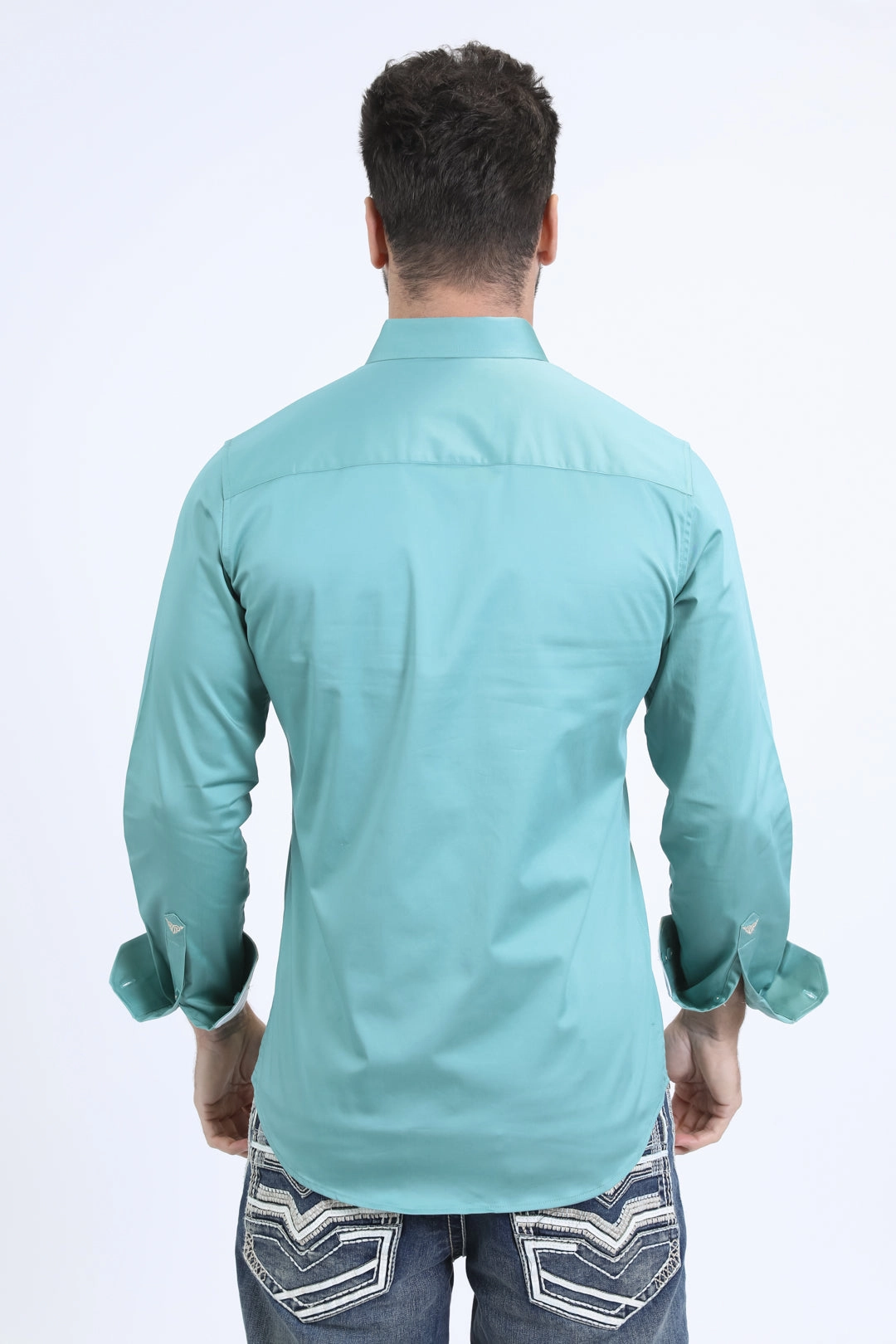 Satin Cotton/Spandex Long Sleeve Teal Shirt Sustainable Manufacturing Process