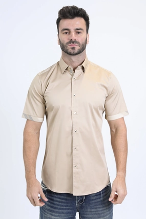 Must-Have Item Creative Professional Satin Cotton/Spandex Short Sleeve Beige Shirt