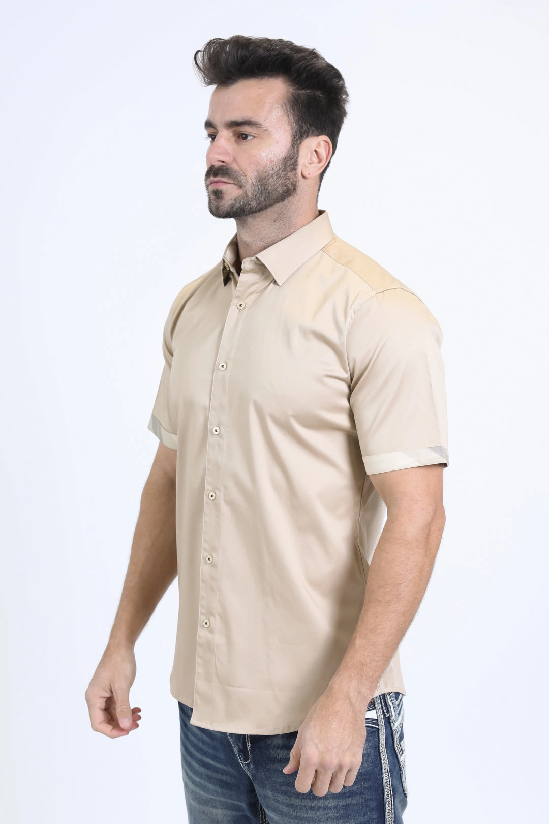 Chill Layer Country Escape Satin Cotton/Spandex Short Sleeve Beige Shirt