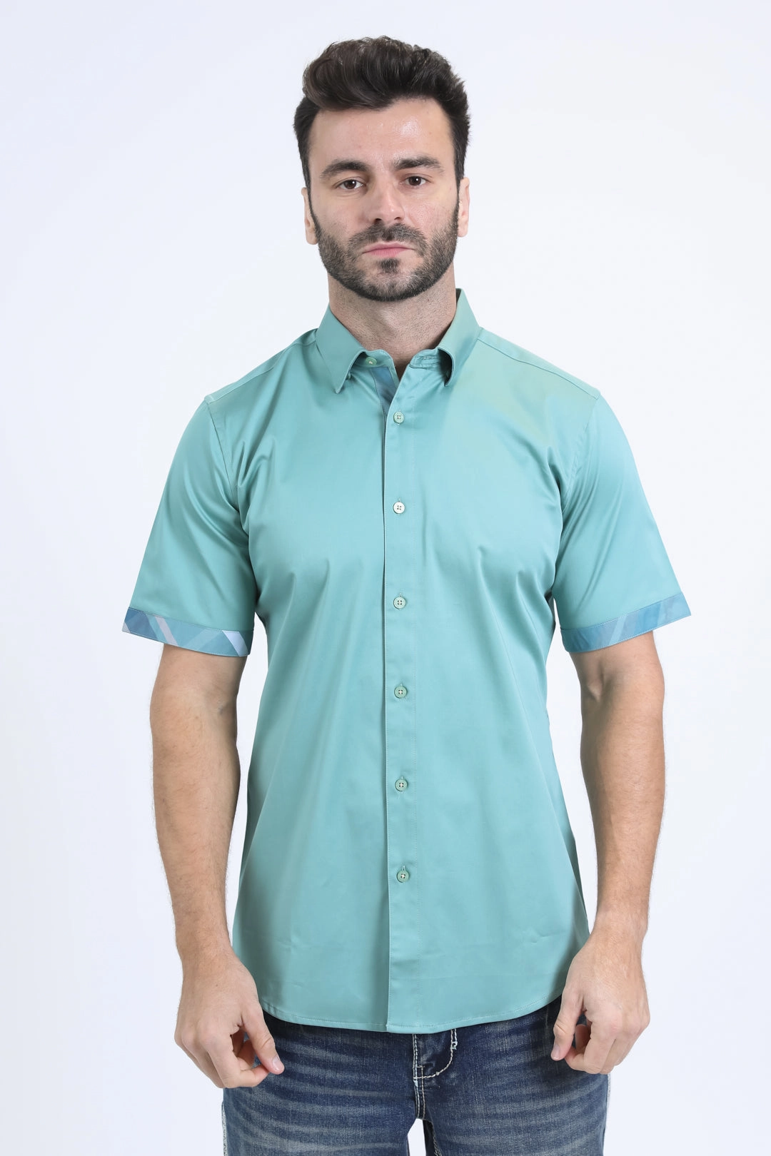High-Quality Fabric Satin Cotton/Spandex Short Sleeve Teal Shirt