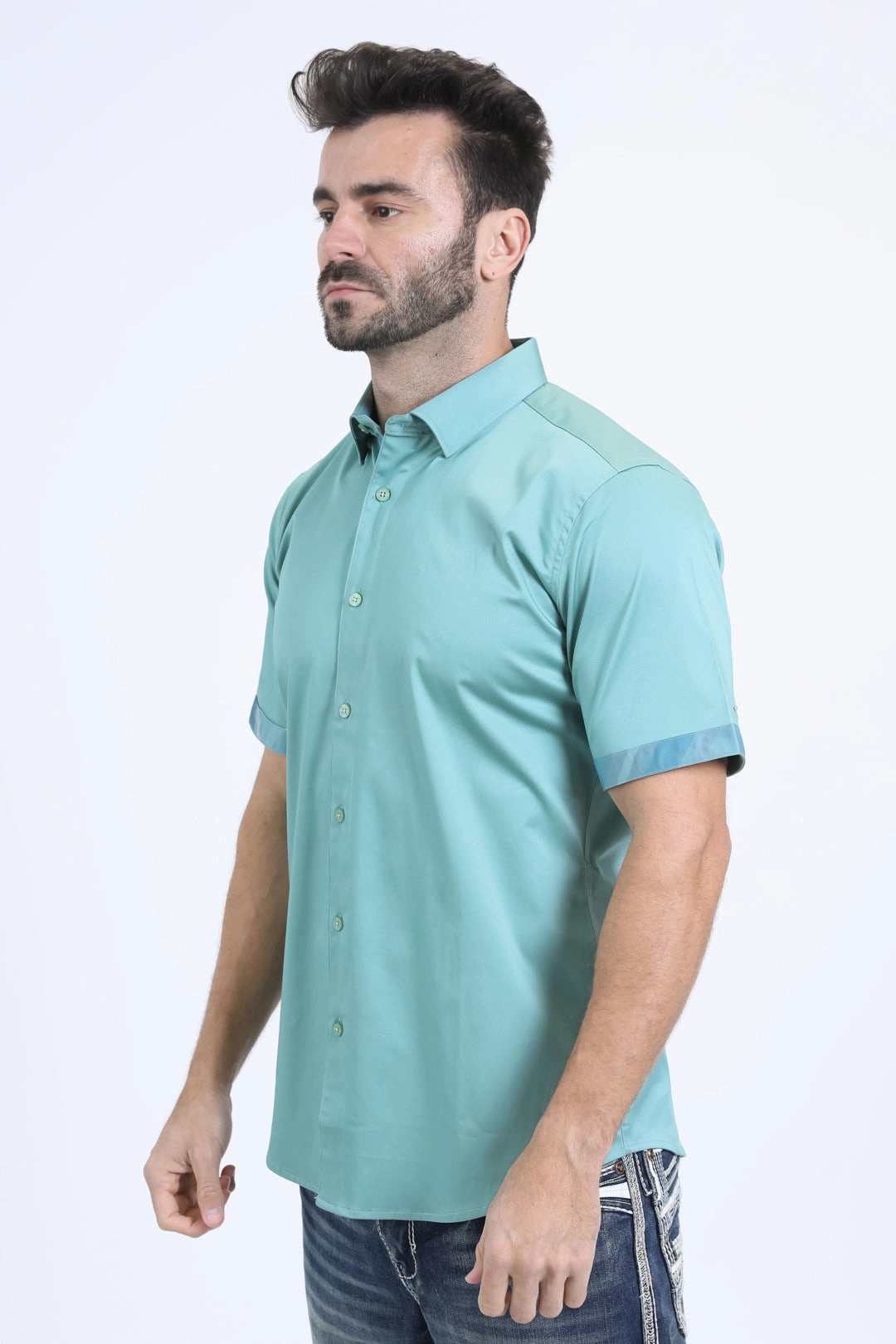 Glossy Texture Breathable Underarm Vents Satin Cotton/Spandex Short Sleeve Teal Shirt