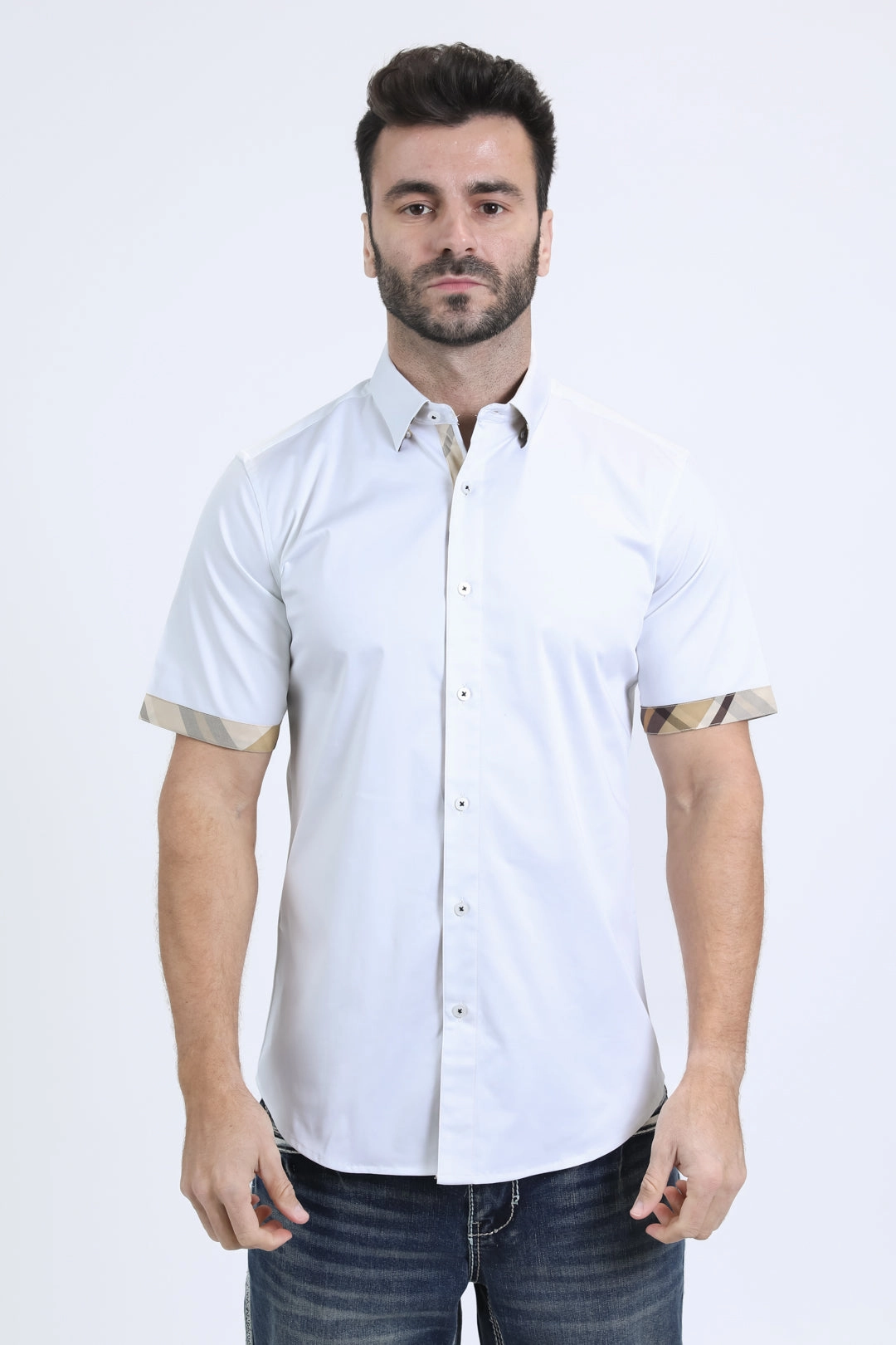Relaxed Wear Handcrafted Detail Satin Cotton/Spandex Short Sleeve White Shirt