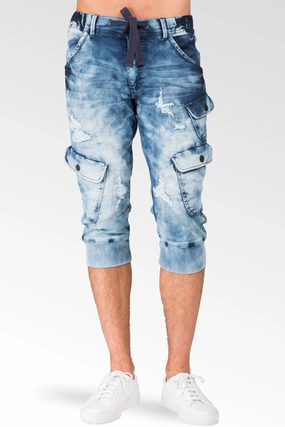 Cargo Pocket Premium Knit Denim Jogger Capri Shorts Distressed Cloud Bleach 18" Inseam Retro cool HighDensity Weave