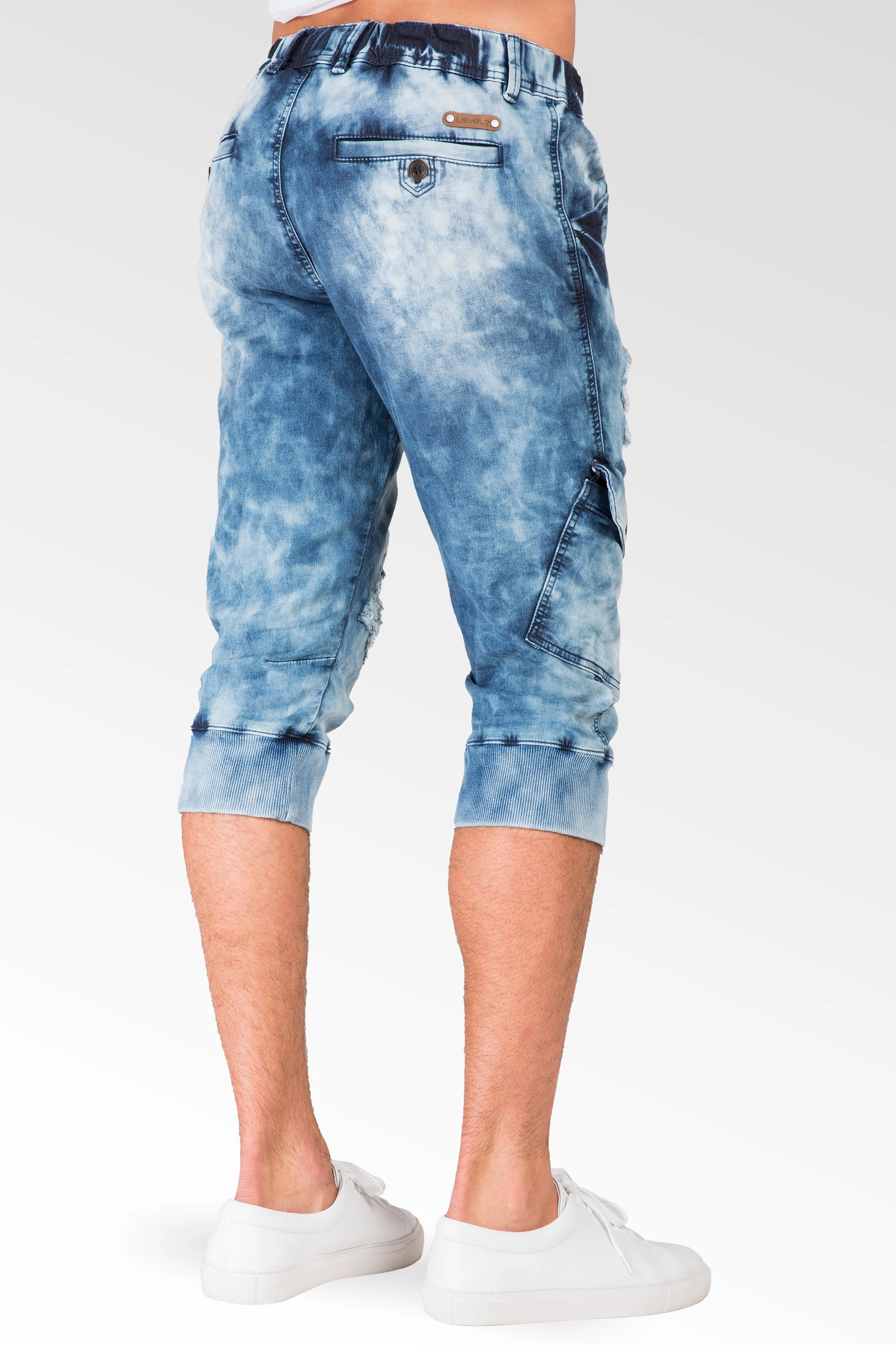 Cargo Pocket Premium Knit Denim Jogger Capri Shorts Distressed Cloud Bleach 18" Inseam Cozy Fit Suede Mood