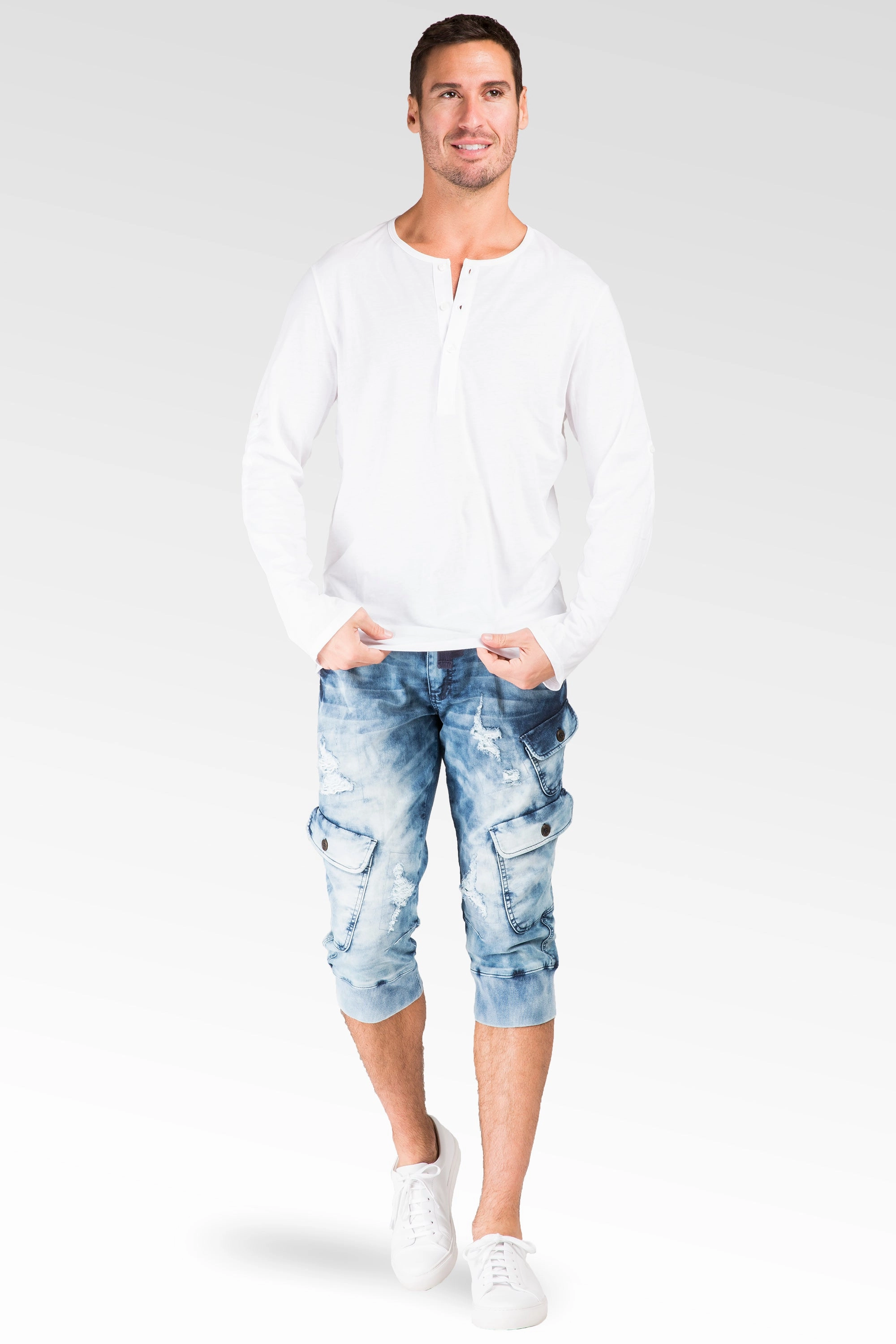 AntiClingFabric Trendy sneakers Cargo Pocket Premium Knit Denim Jogger Capri Shorts Distressed Cloud Bleach 18" Inseam