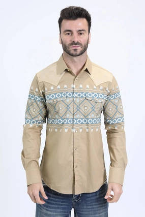 Mens Western Modern Fit Cotton/Spandex Long Sleeve Beige Shirt with Snaps Practical Choice Seasonal Wear