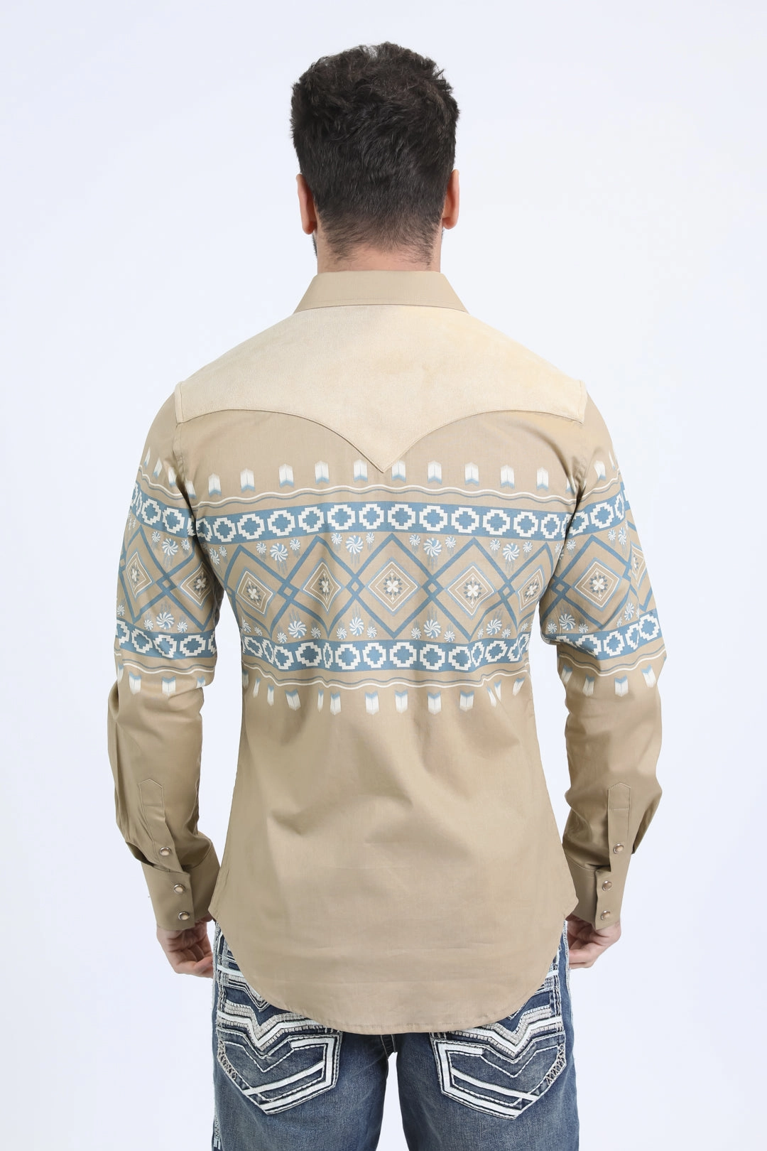 Mens Western Modern Fit Cotton/Spandex Long Sleeve Beige Shirt with Snaps Chilly Day Wear Printed Pattern