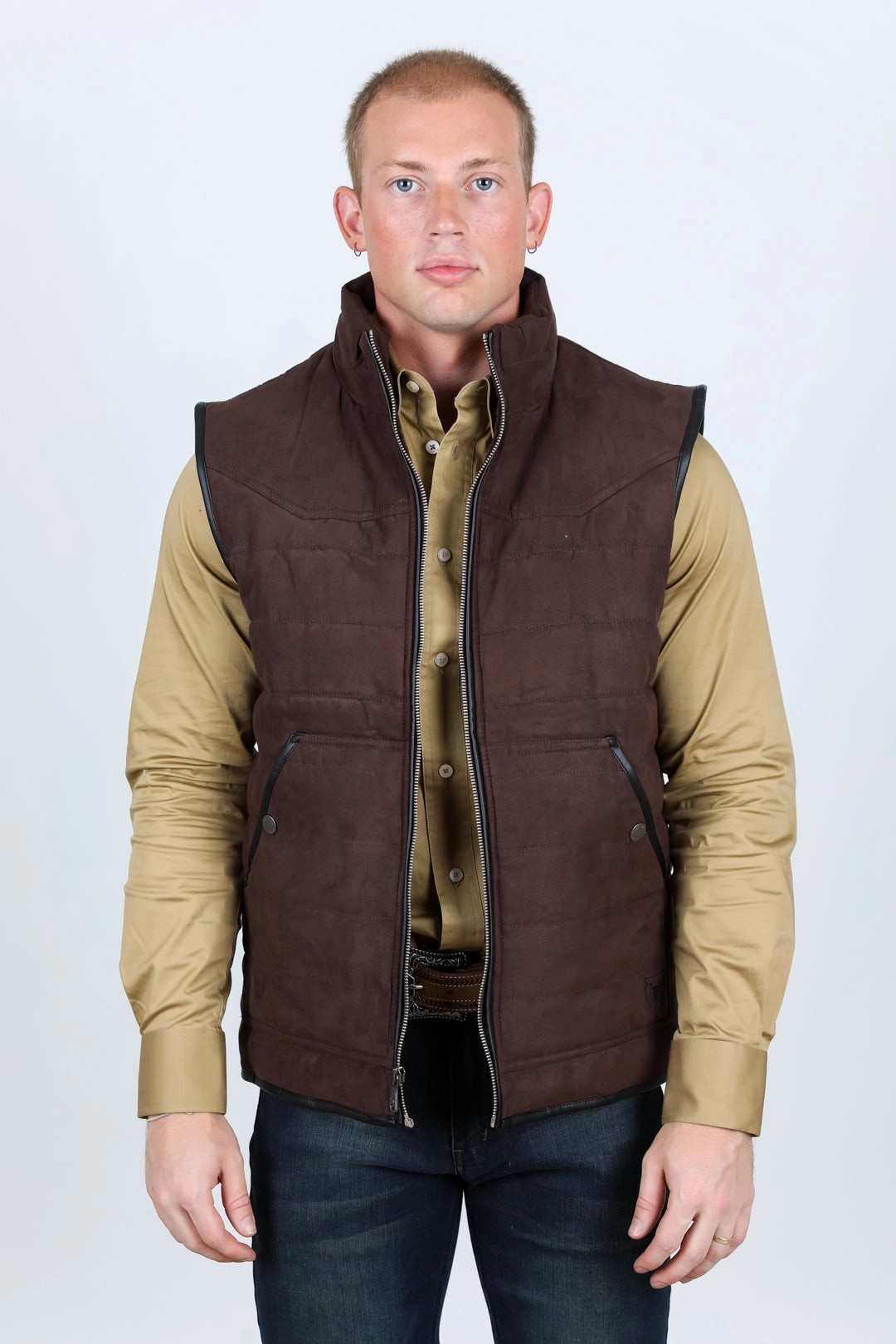 Casual City Fringe Detail Men's Fur Lined Quilted Faux Suede Vest - Dark Brown