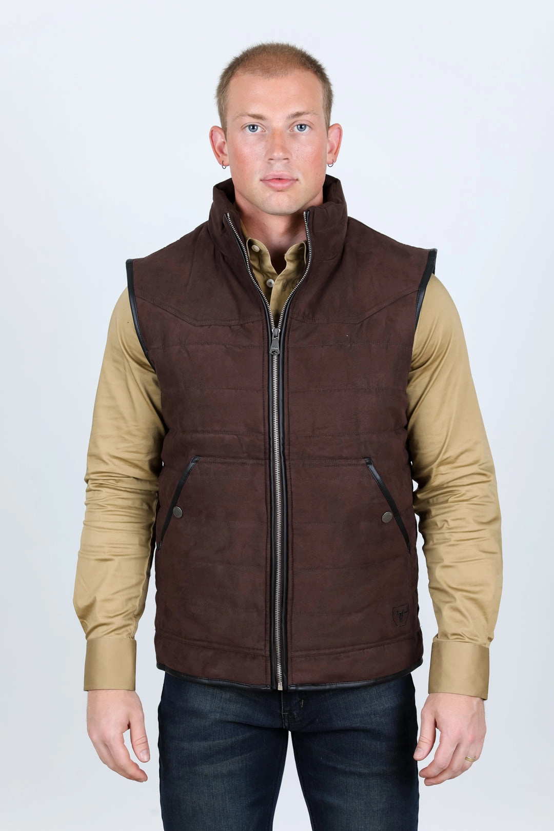 Men's Fur Lined Quilted Faux Suede Vest - Dark Brown Insulated Lining Everyday Active Style