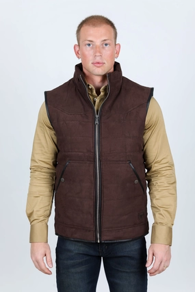 Men's Fur Lined Quilted Faux Suede Vest - Dark Brown Insulated Lining Everyday Active Style