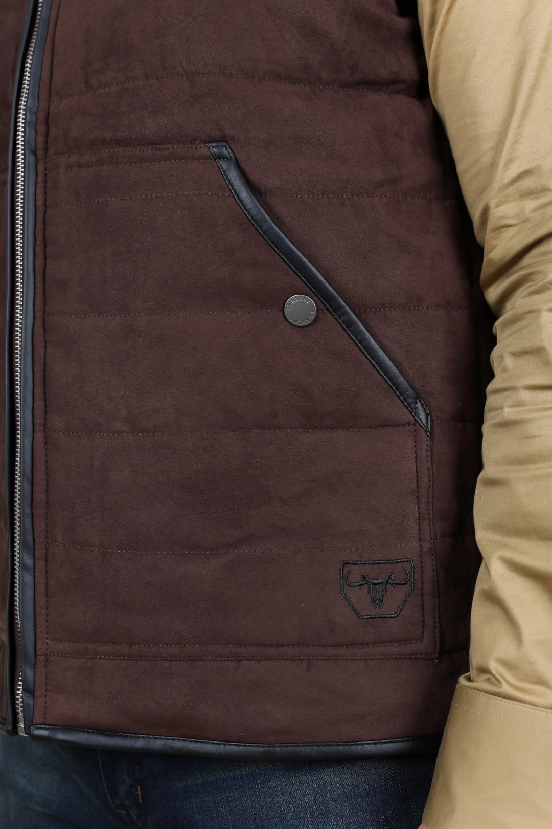 Men's Fur Lined Quilted Faux Suede Vest - Dark Brown Double Layered Hood