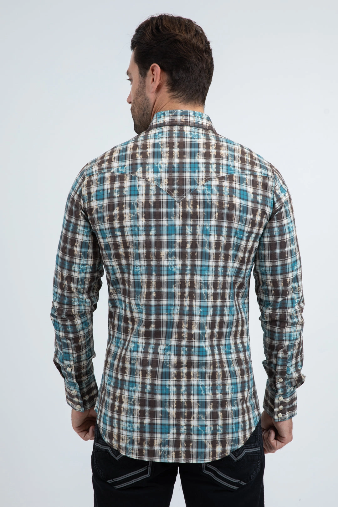 Mens Western Modern Fit Cotton/Spandex Long Sleeve Blue Shirt with Snaps Animal Print