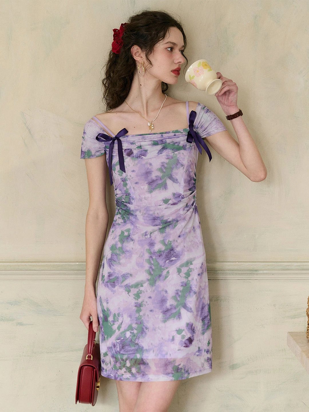 ??Final Sale??Jacqueline Floral Print Off-The-Shoulder Contrast Bow Slip Dress AbrasionFree Edging Glam Night