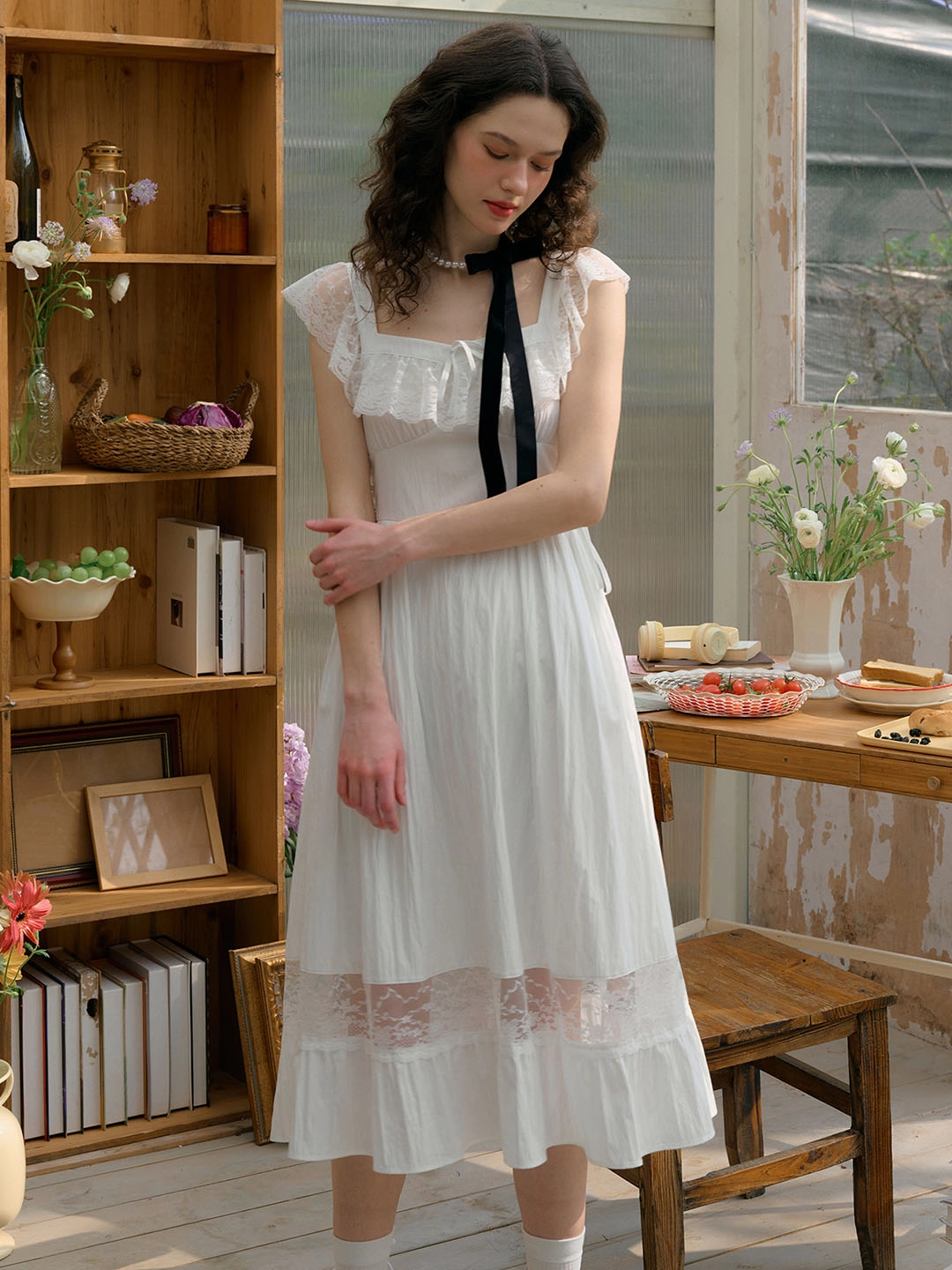 Linen Soul NonRestrictive Design Aniyah Bow Square Neck Ruffle Sleeve Lace Hollow Hem Dress