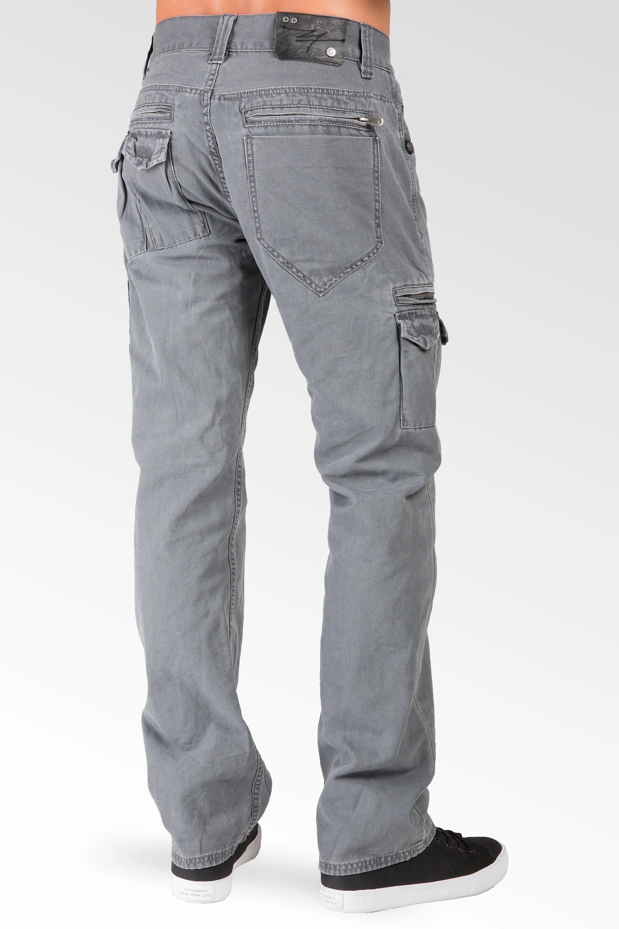 EcoCertifiedTextile Charcoal Gray Relaxed Straight Premium Canvas Utility Jeans, Cargo Zipper Pockets & Stone Wash