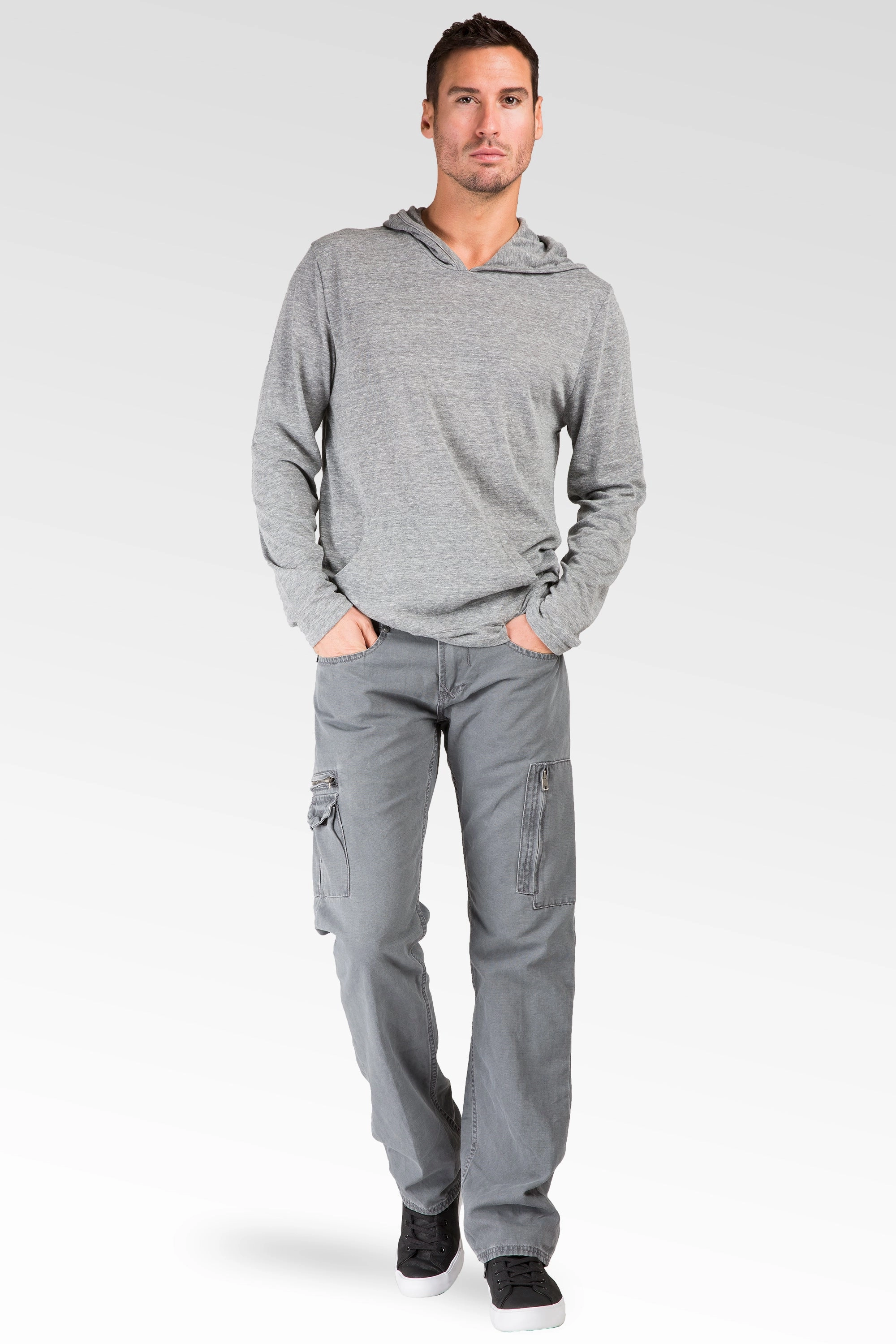 Charcoal Gray Relaxed Straight Premium Canvas Utility Jeans, Cargo Zipper Pockets & Stone Wash Eco Wear