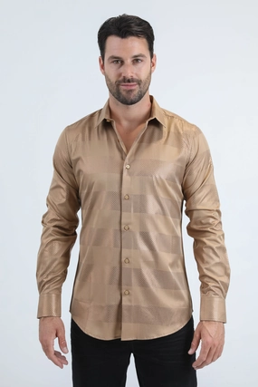 Tailored Style Mens Modern Fit Stretch Foil Fashion Beige Shirt