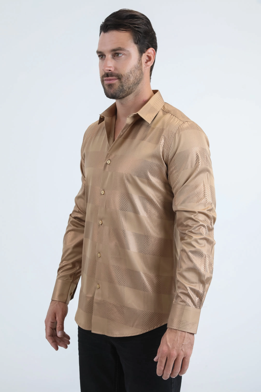 Mens Modern Fit Stretch Foil Fashion Beige Shirt Comfort Fit
