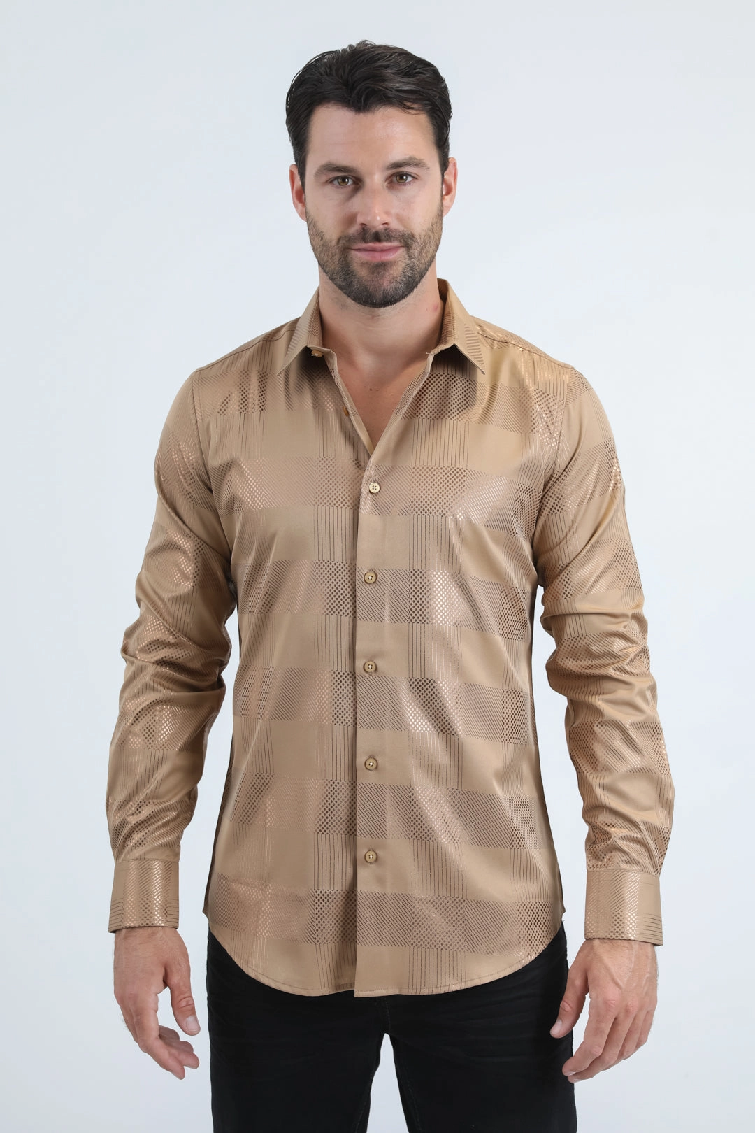 Tailored Style Mens Modern Fit Stretch Foil Fashion Beige Shirt