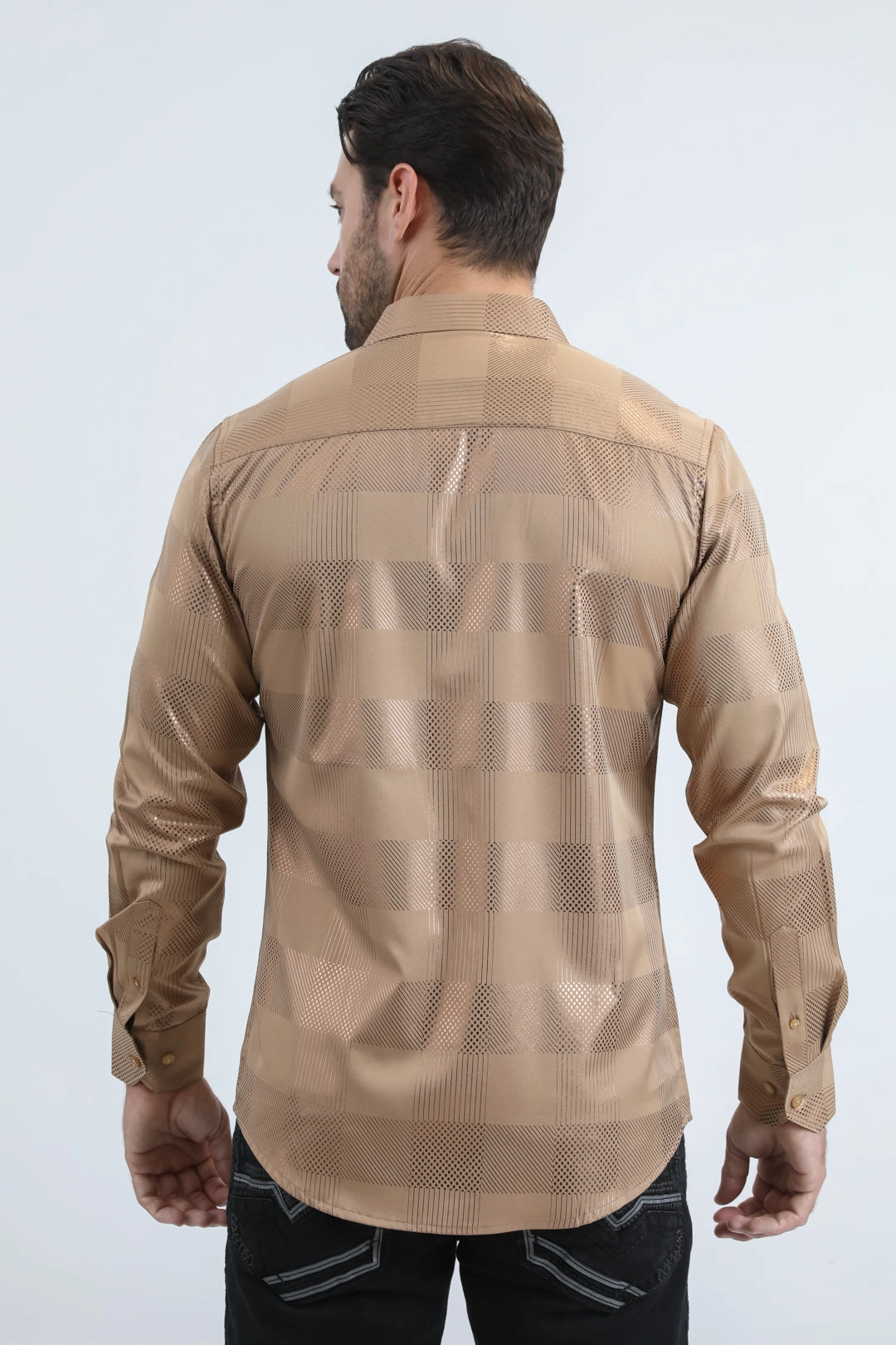 Mens Modern Fit Stretch Foil Fashion Beige Shirt Elegant Finish