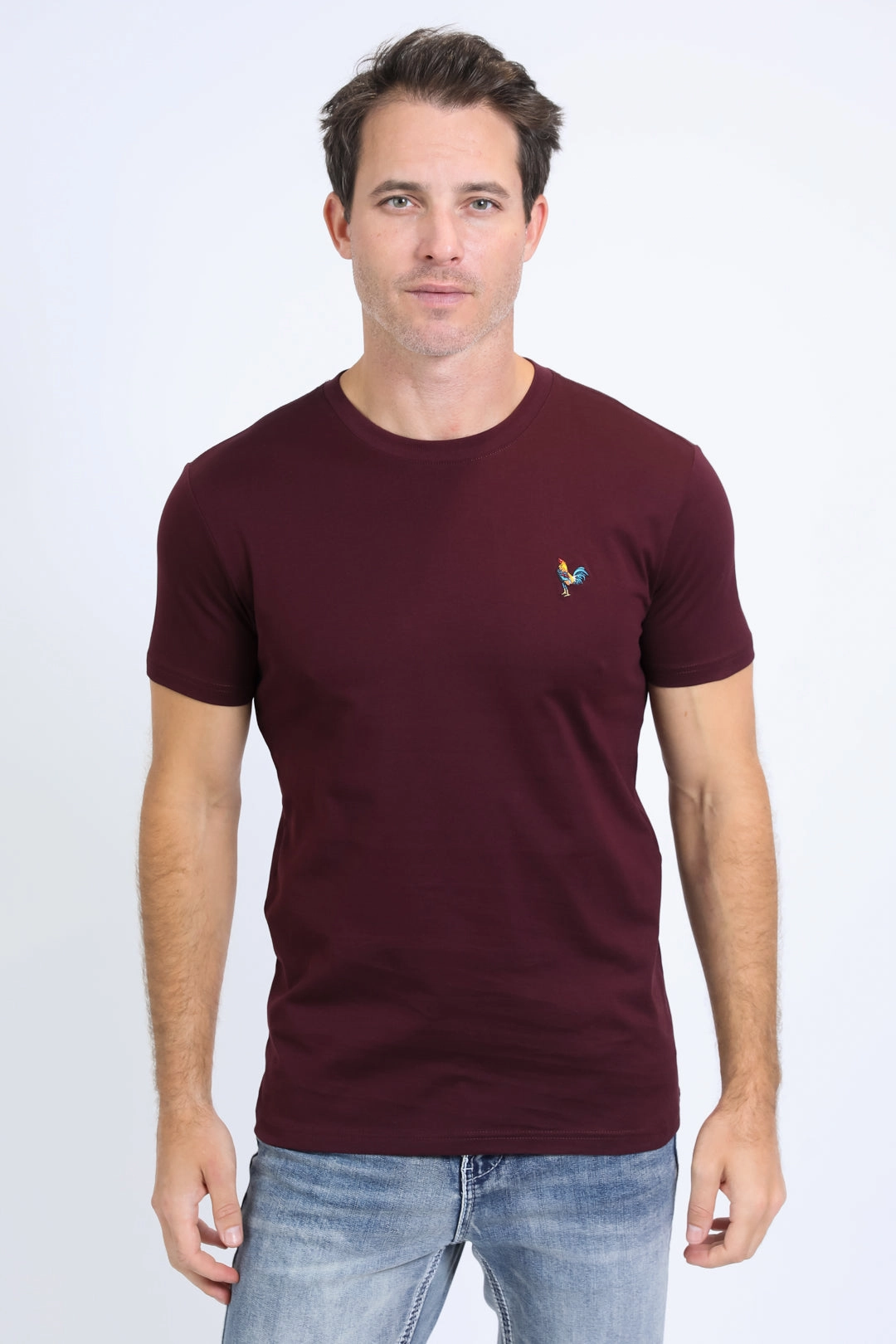 Men's Rooster Logo Cotton Burgundy T-Shirt Yoga class