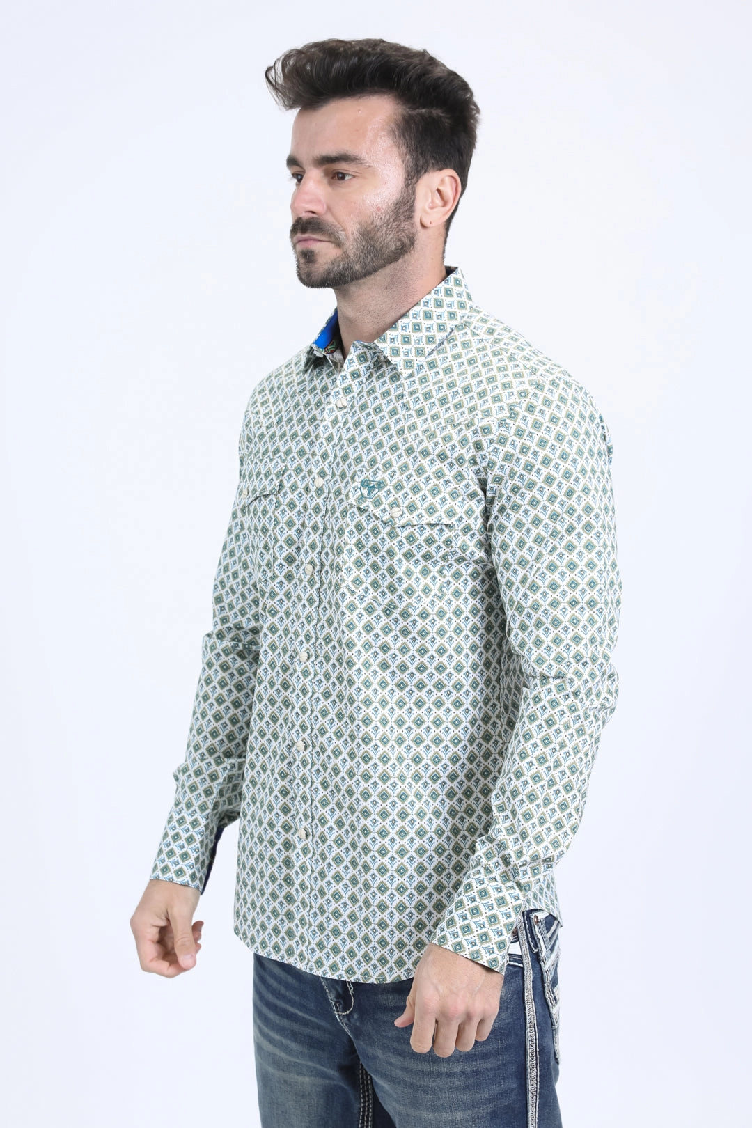 Mens Western Modern Fit Cotton/Spandex Long Sleeve White Shirt with Snaps Comfortable Wear Ventilated Back